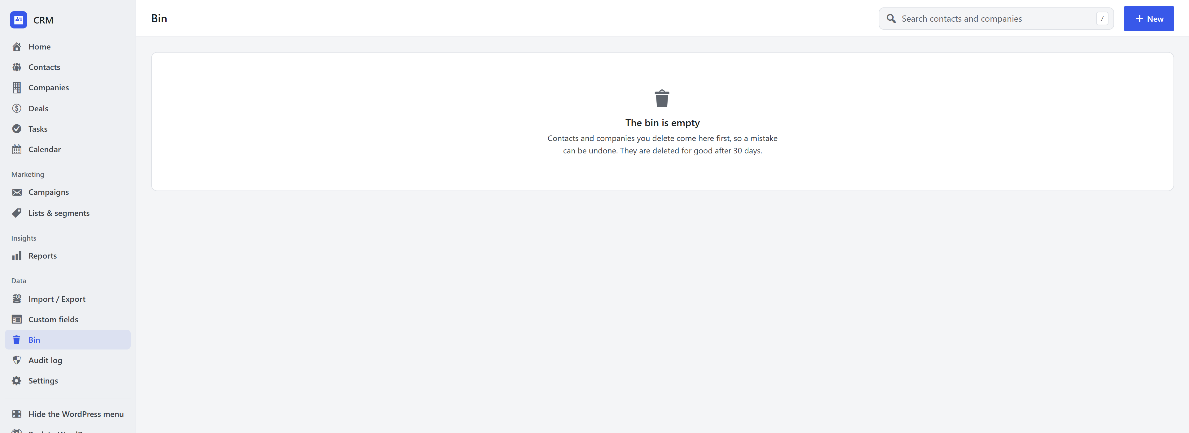 The CRM bin with deleted contacts, companies and deals to restore or delete for good