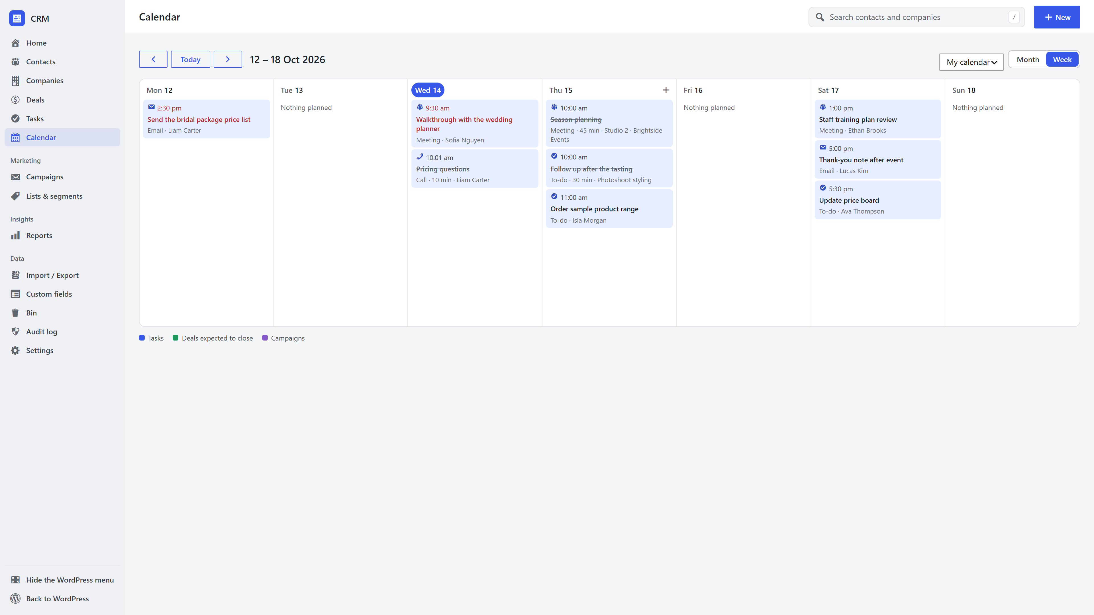 The WordPress CRM calendar week view with details for each task and meeting