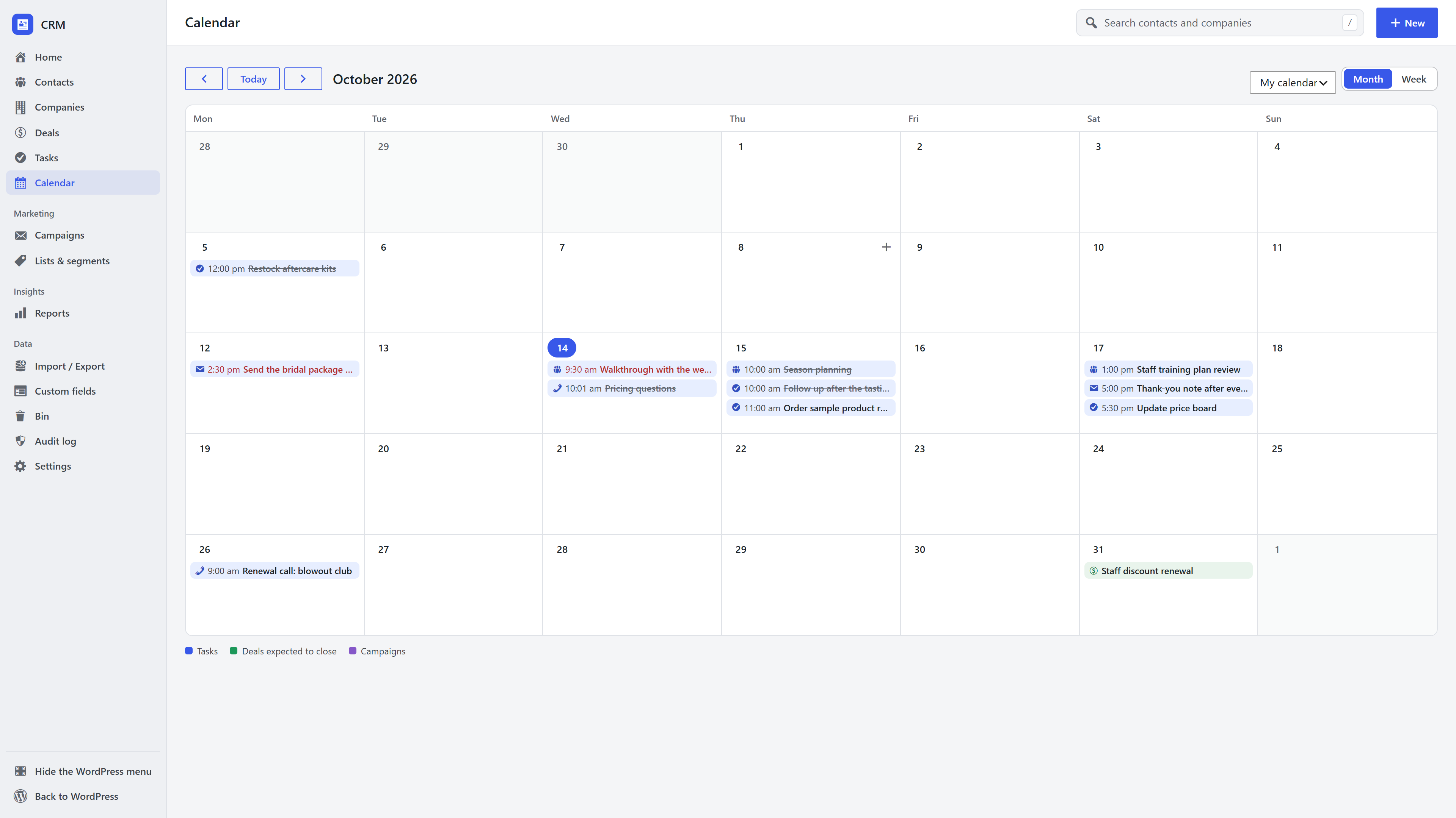 The WordPress CRM calendar month view with tasks, meetings and deal close dates