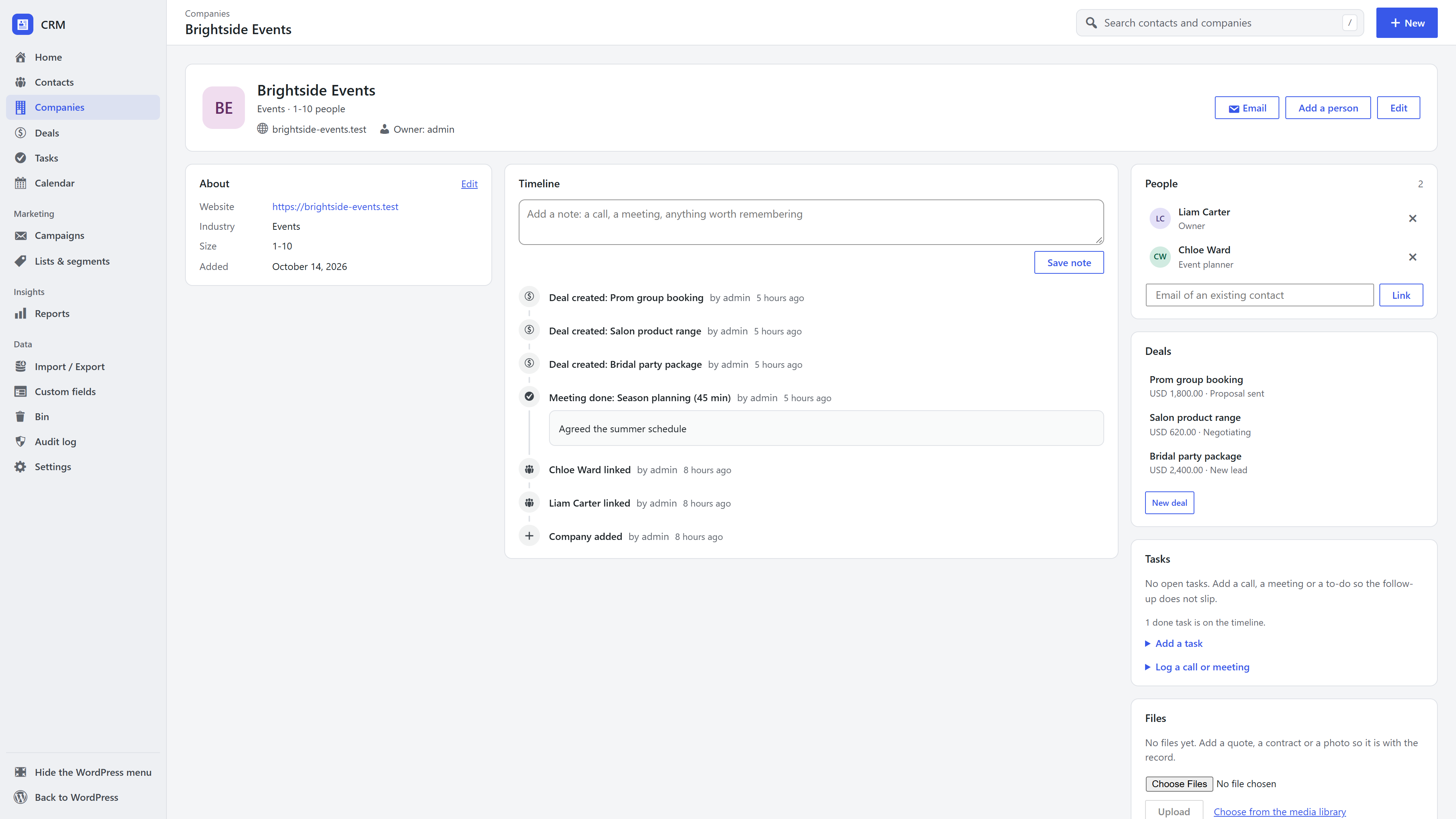 A company page in the WordPress CRM with its details, timeline, people and deals