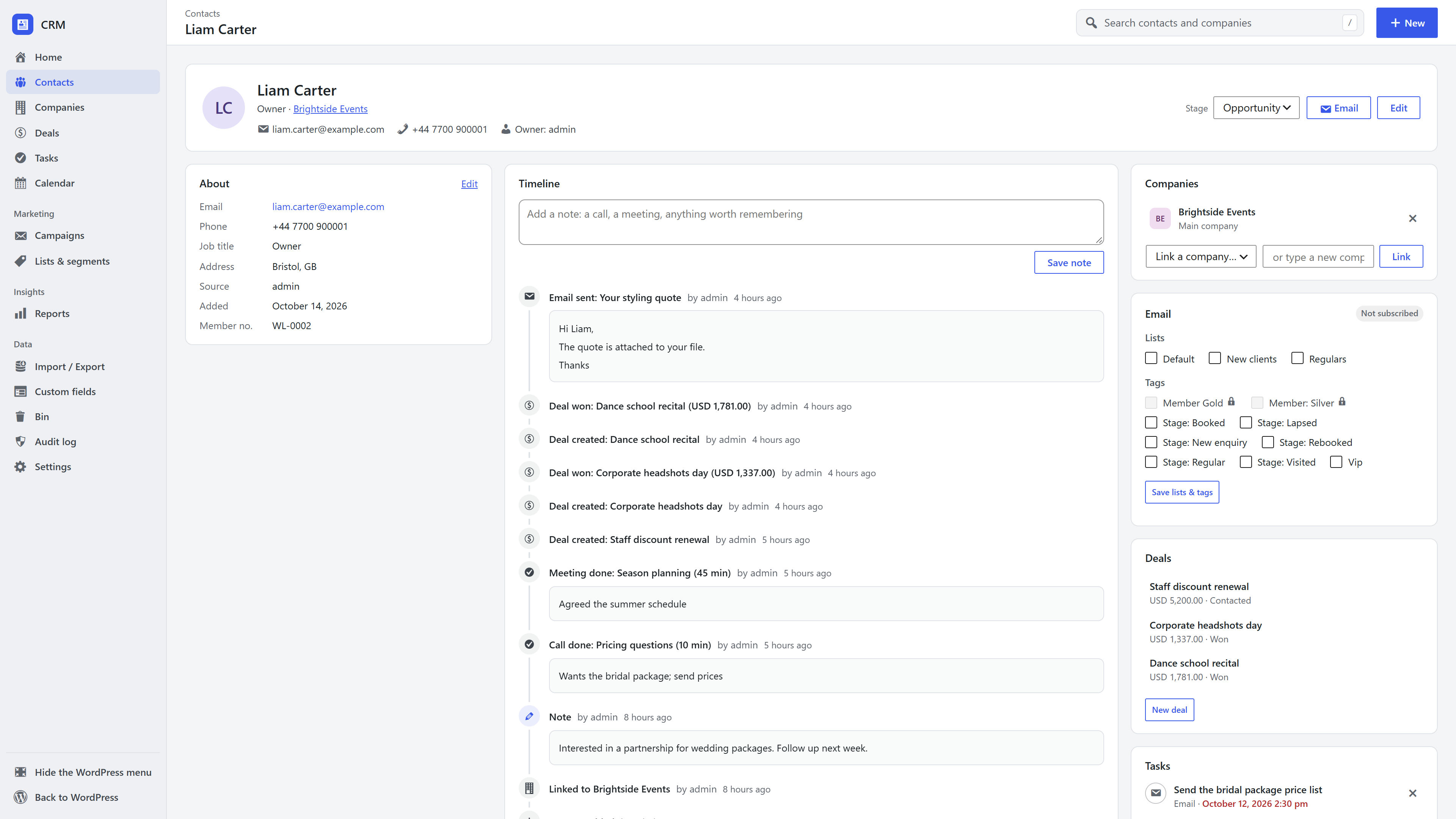 A contact page in the WordPress CRM with details, the activity timeline, companies, email status, deals, tasks and files