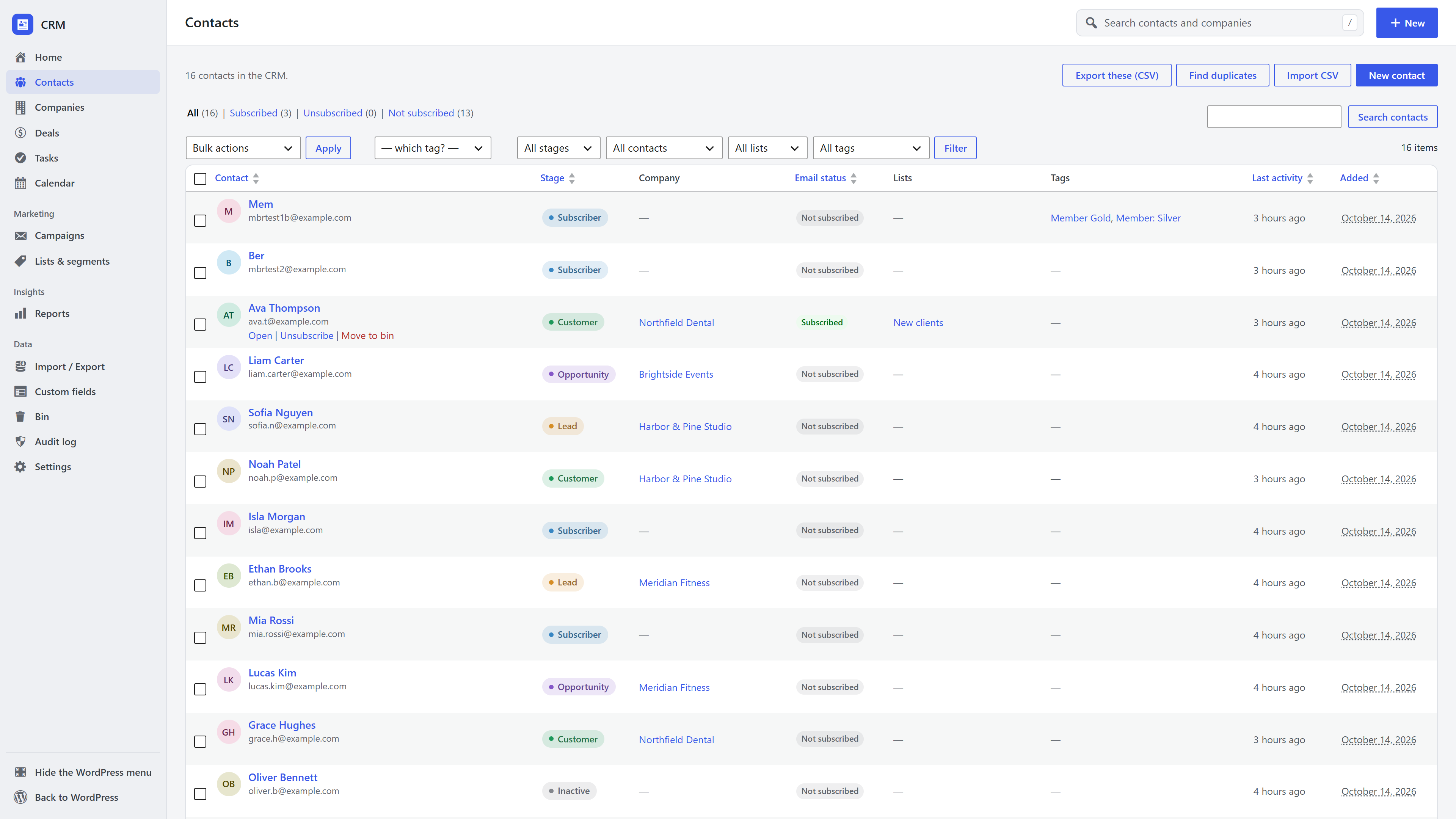 The CRM contacts list in WordPress with stages, companies, email status, lists and tags