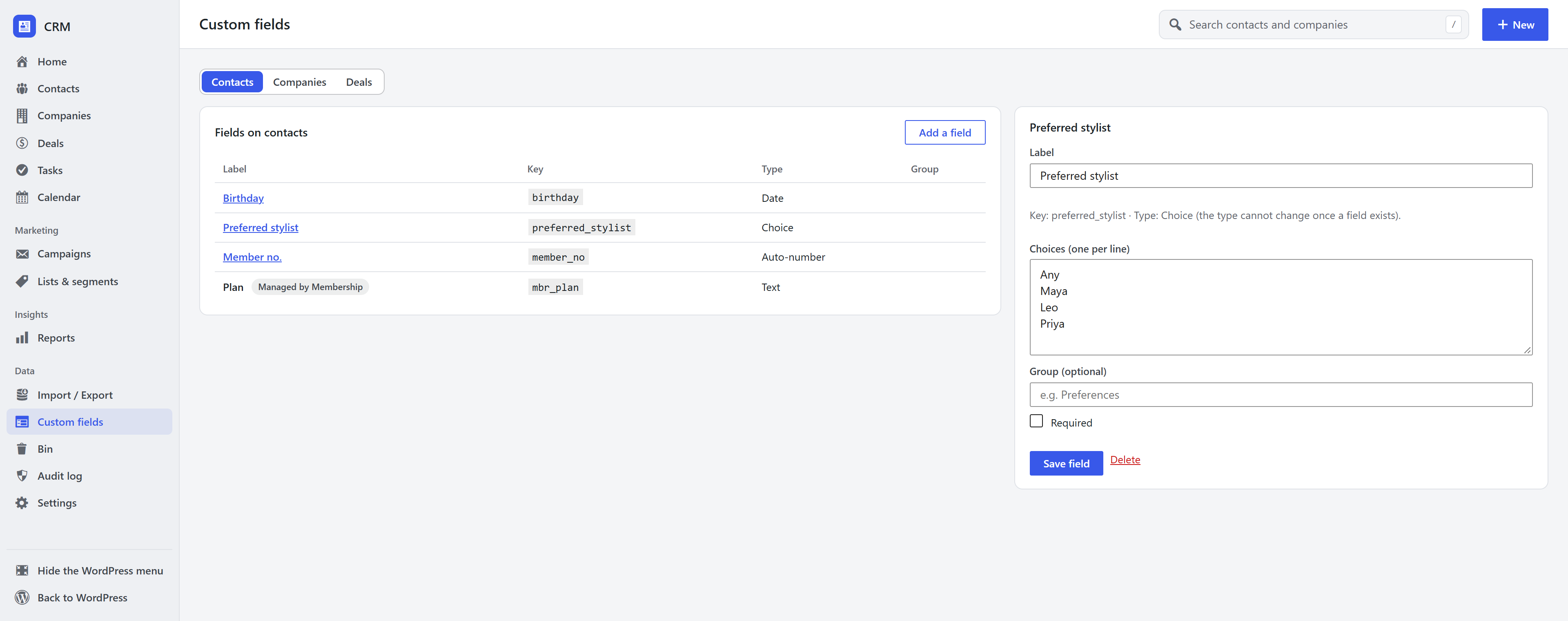 The Custom fields screen in the WordPress CRM: a list of contact fields and the form to edit a choice field