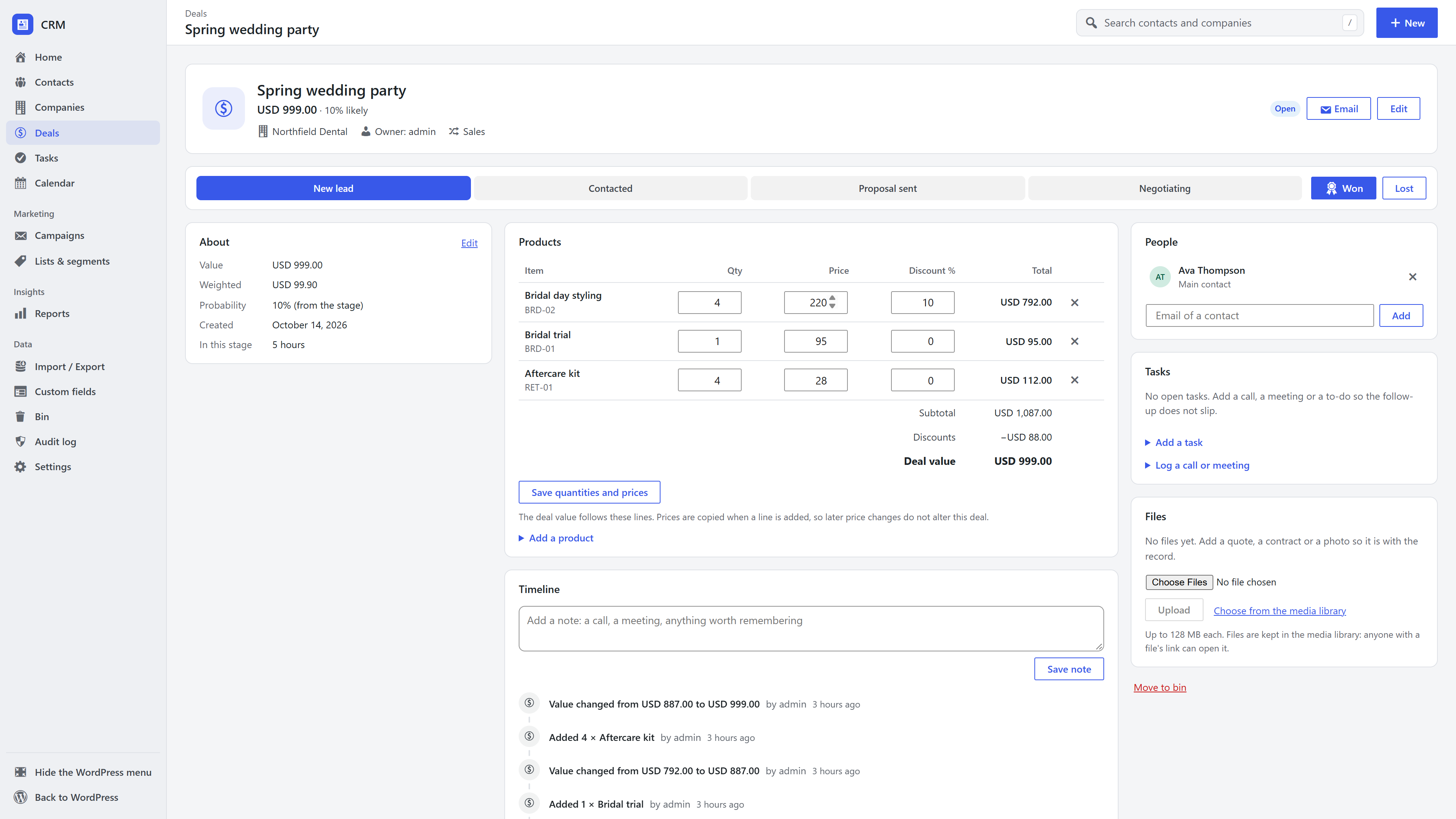 A deal page in the WordPress CRM with the stage path, products, timeline, people, tasks and files