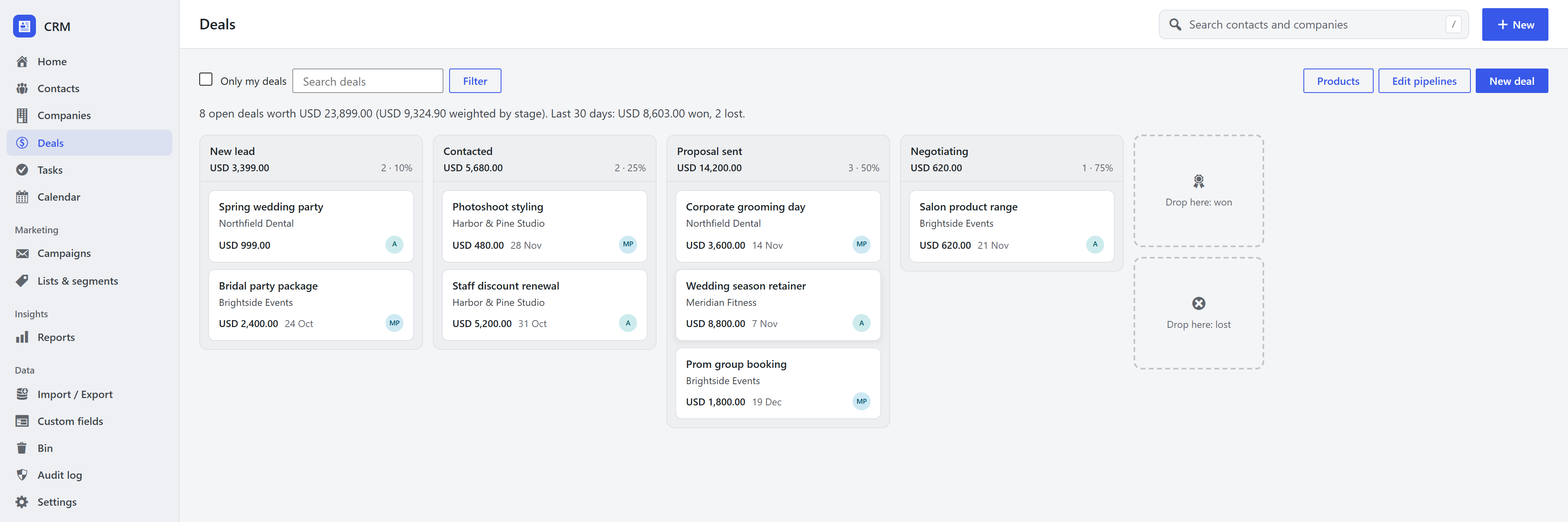 The WordPress CRM deals board: columns per stage with deal cards, totals and drop zones for won and lost