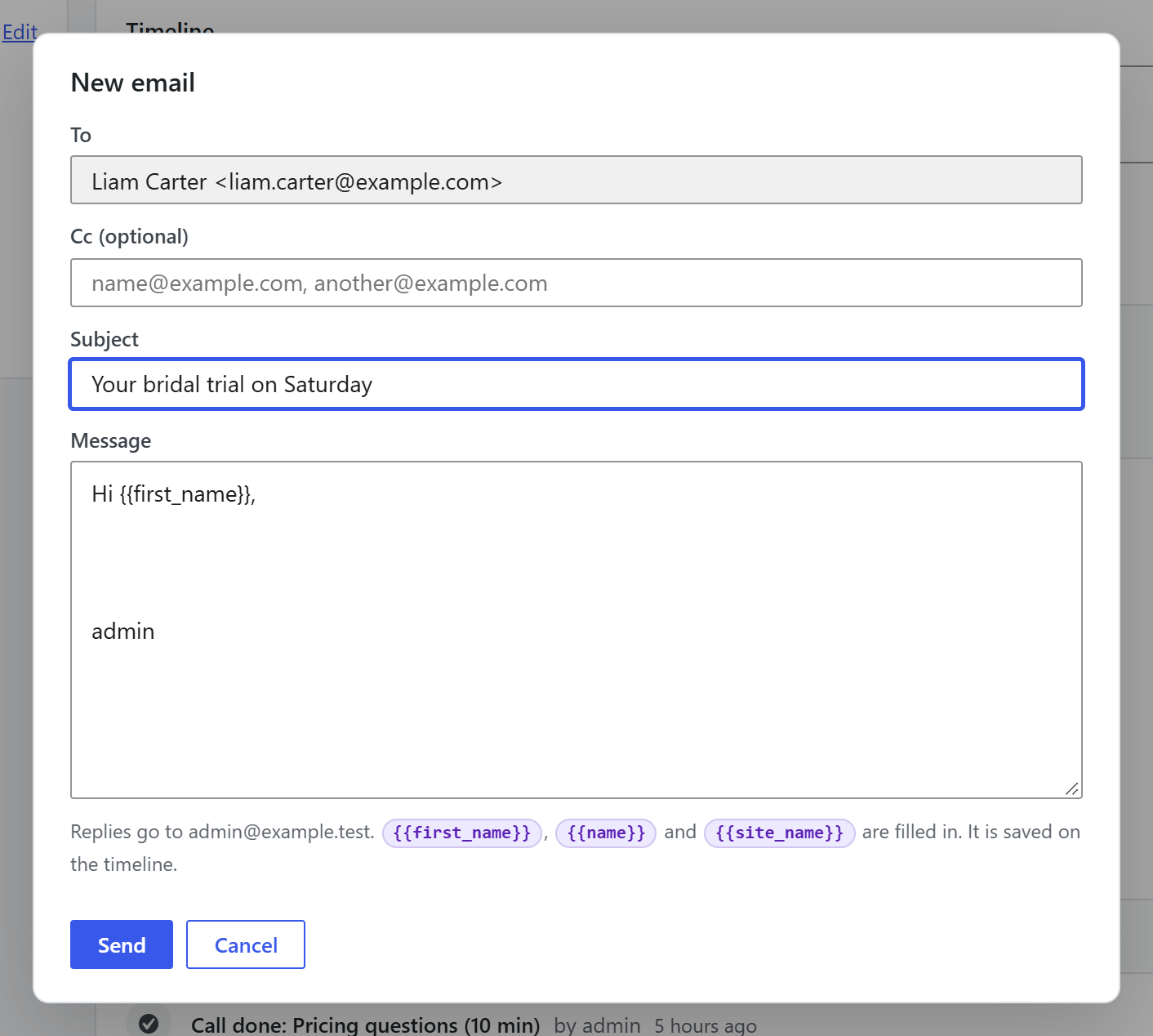 Writing an email to a contact from the WordPress CRM