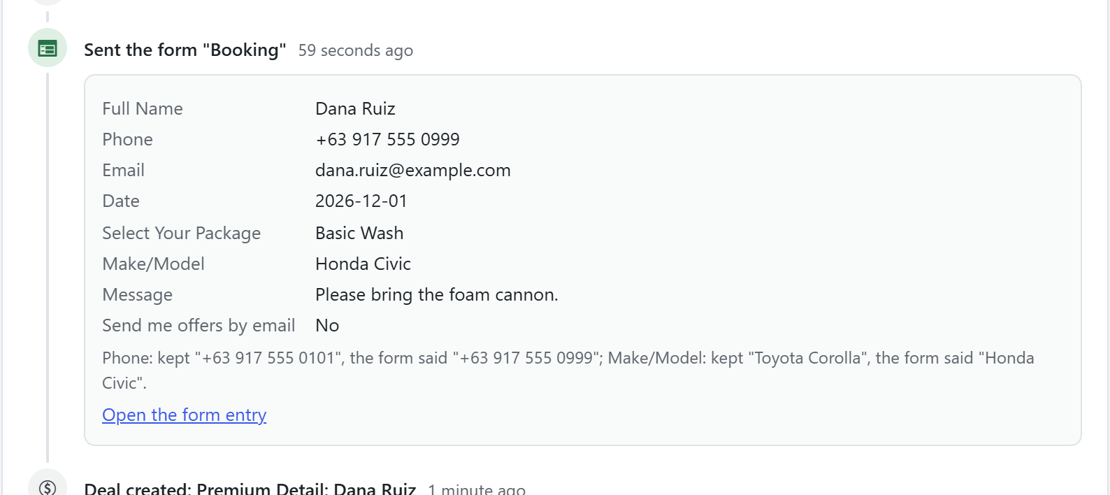A booking form submission on a contact's timeline, with every answer and a note that the stored phone number was kept