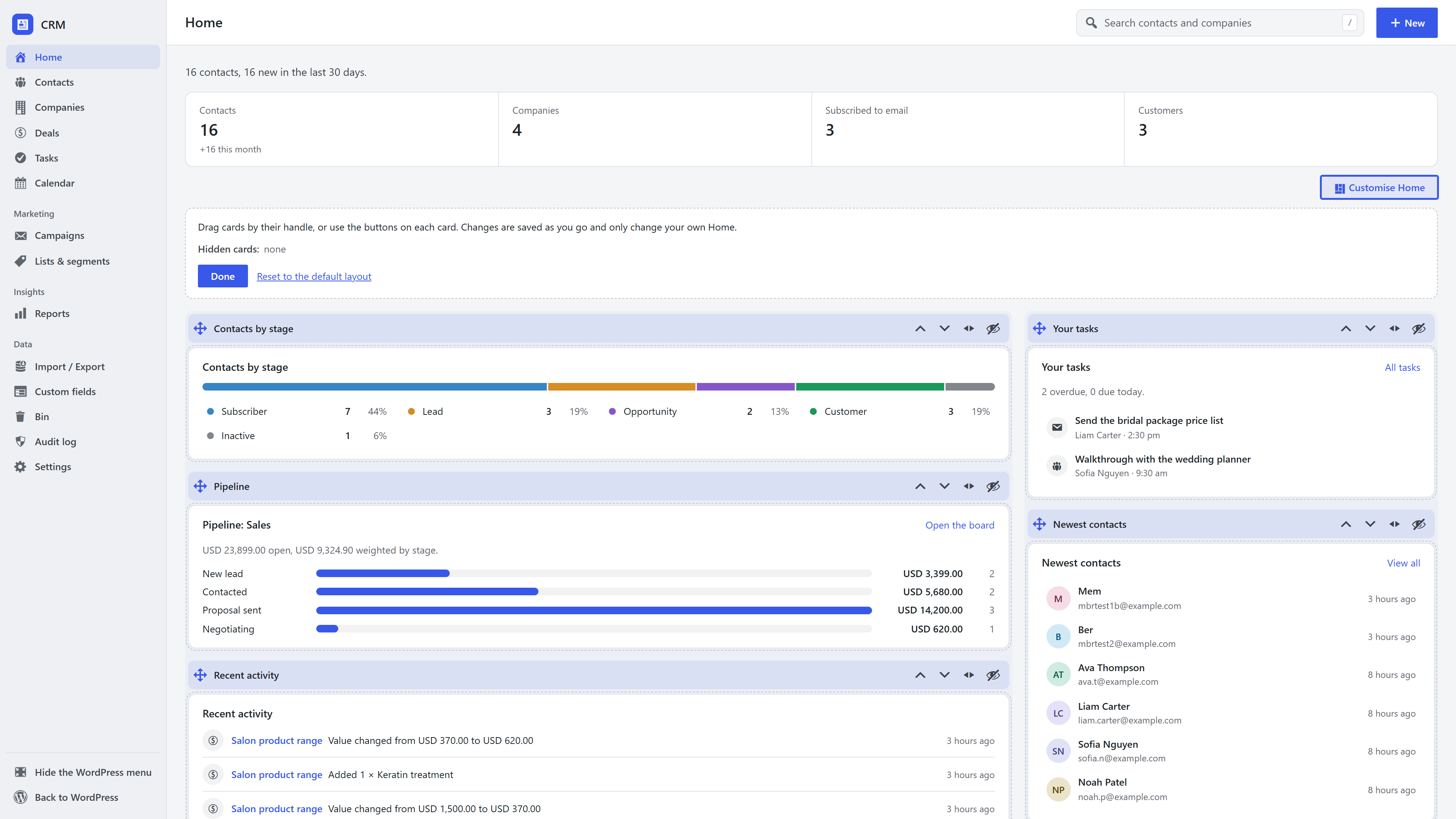 Customising the CRM Home: move, hide and drag cards between the two columns