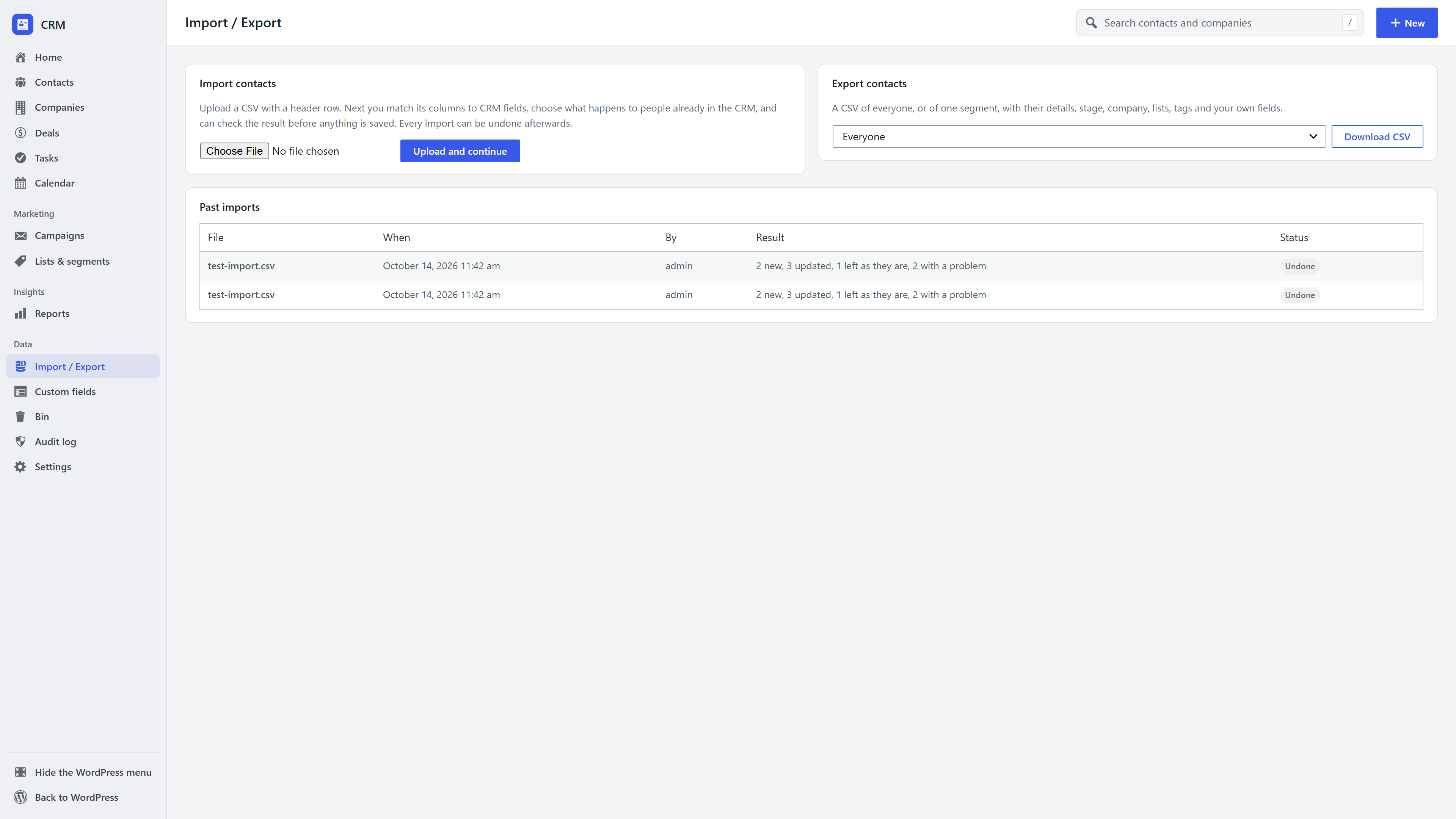 The Import / Export screen in the WordPress CRM