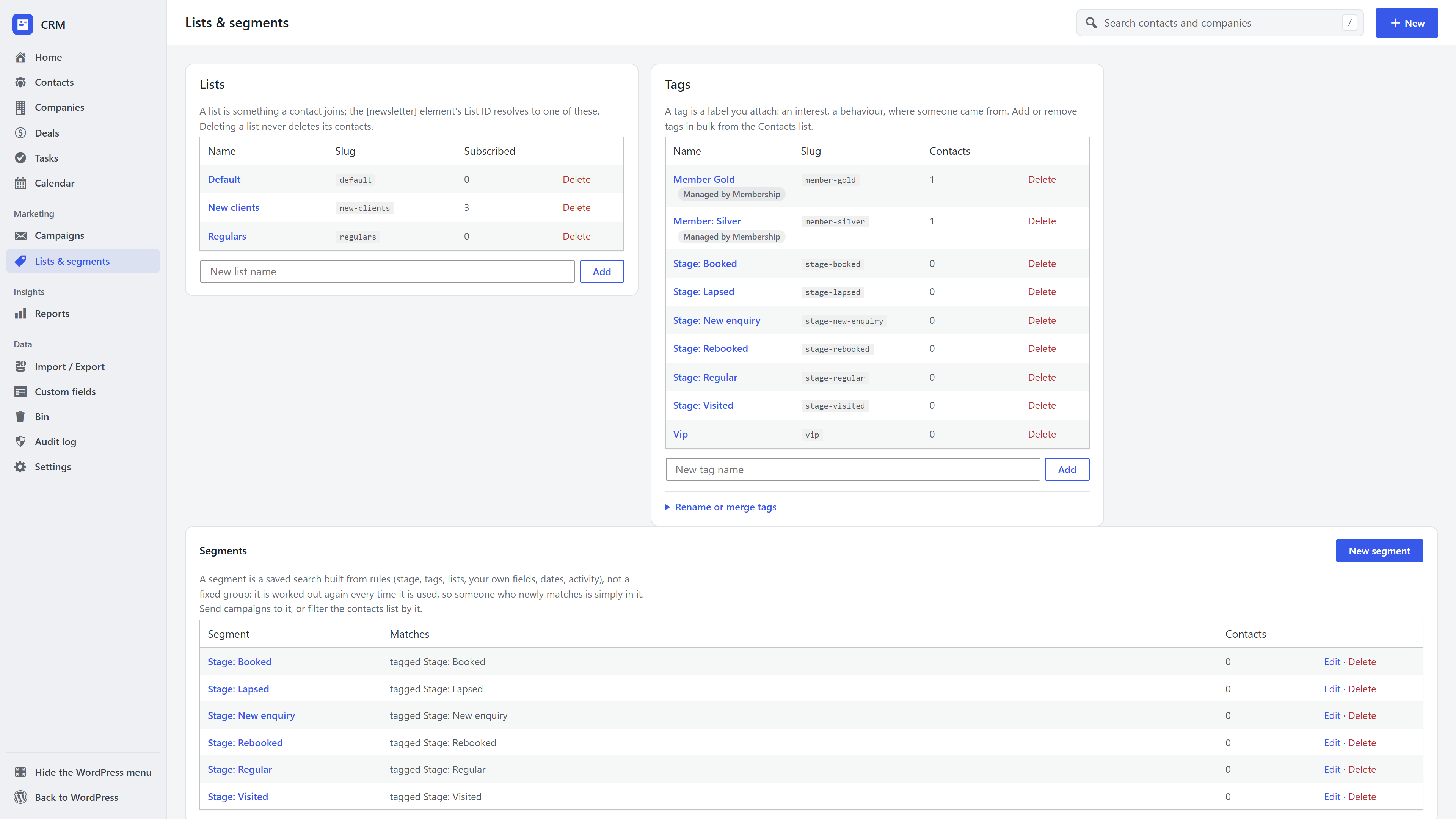 Lists and segments in the WordPress CRM with subscriber counts