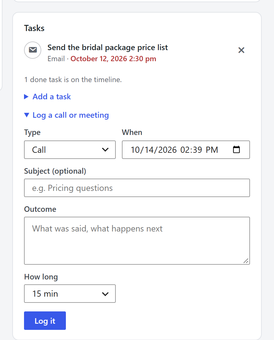 Log a call or meeting on a contact: type, time, subject, outcome and duration