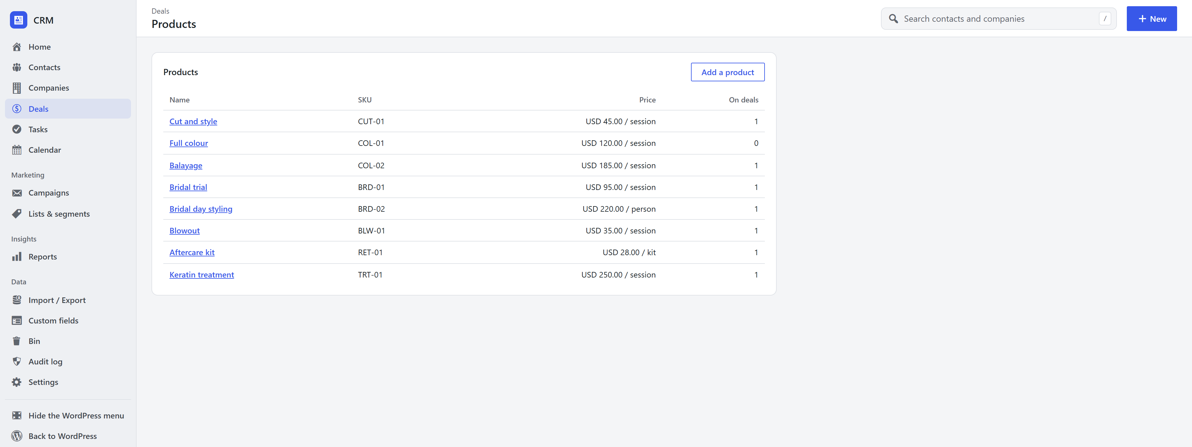 The product list in the WordPress CRM with SKUs, prices per unit and how many deals use each