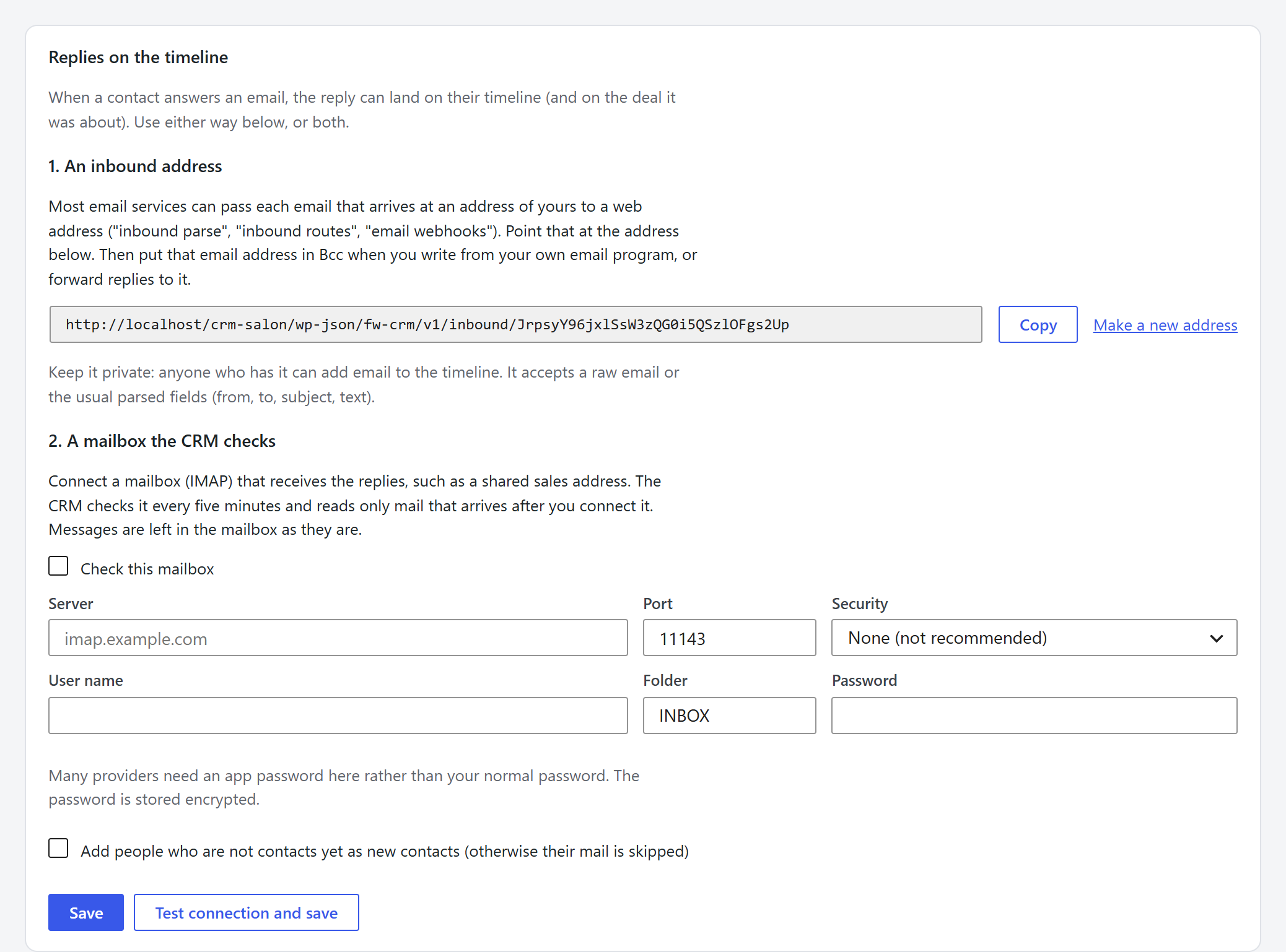 Settings for replies on the timeline: an inbound address and a mailbox the CRM checks