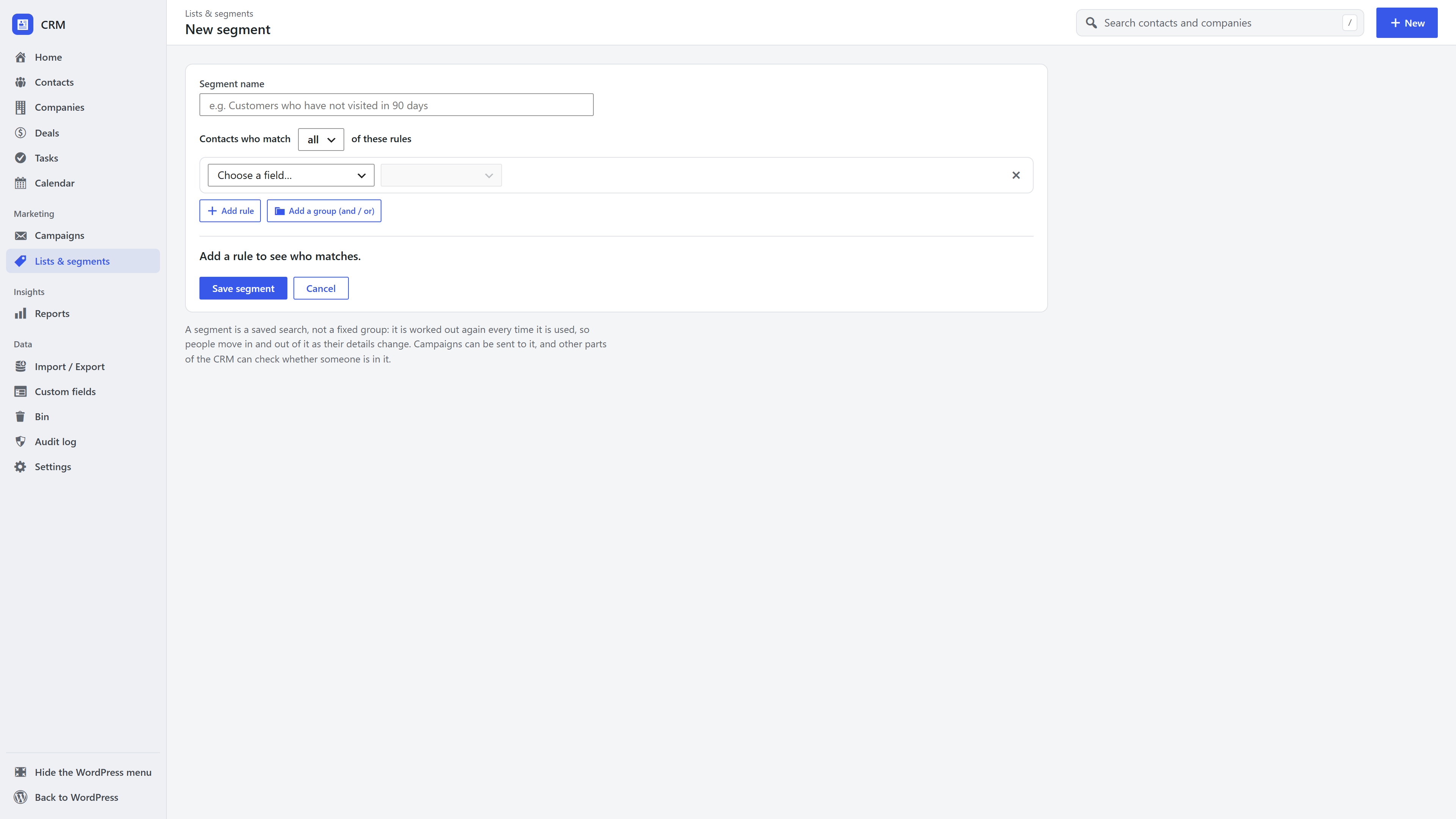 The segment builder in the WordPress CRM with rules, groups and a live count