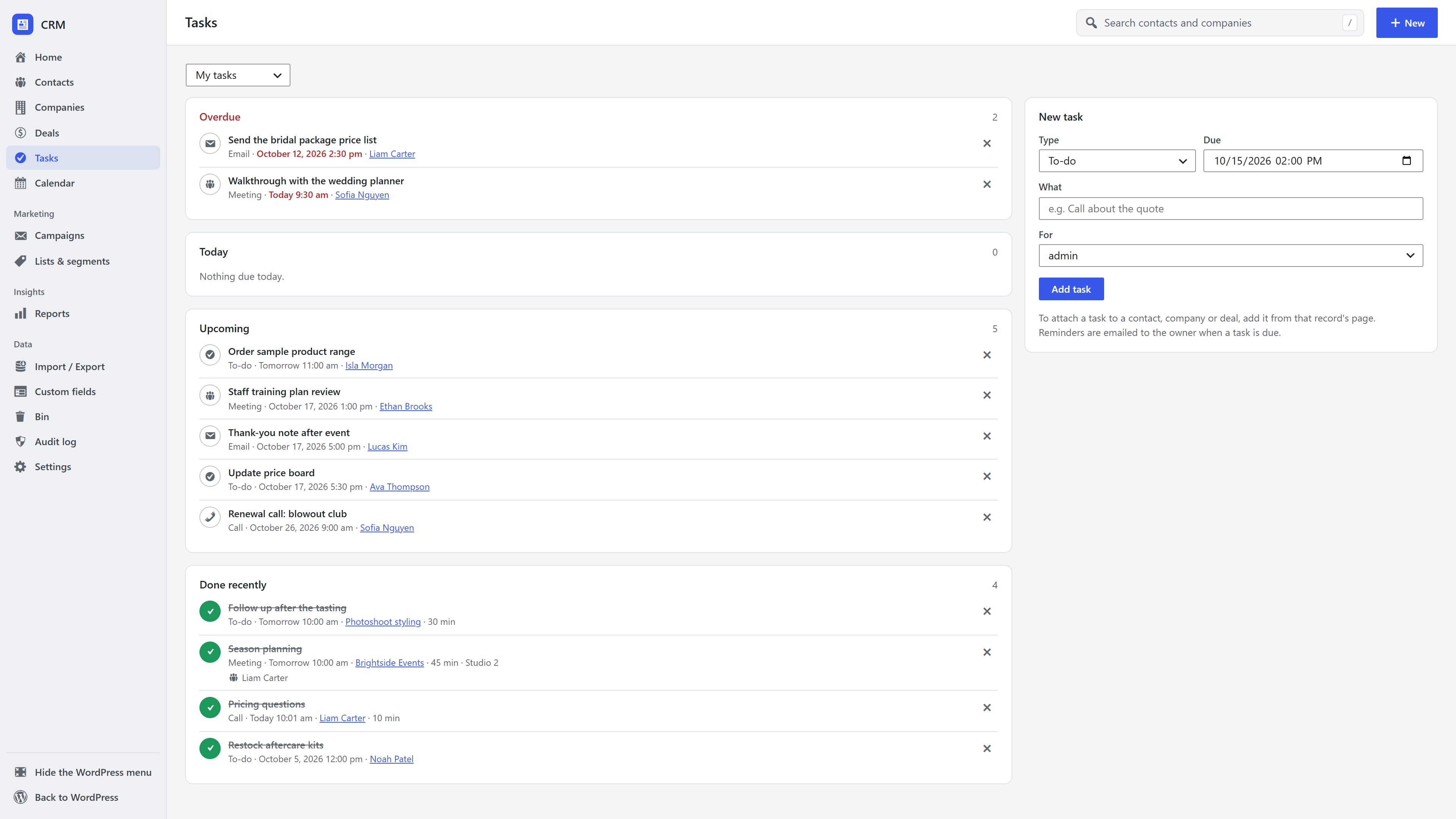 My tasks in the WordPress CRM grouped by overdue, today and upcoming