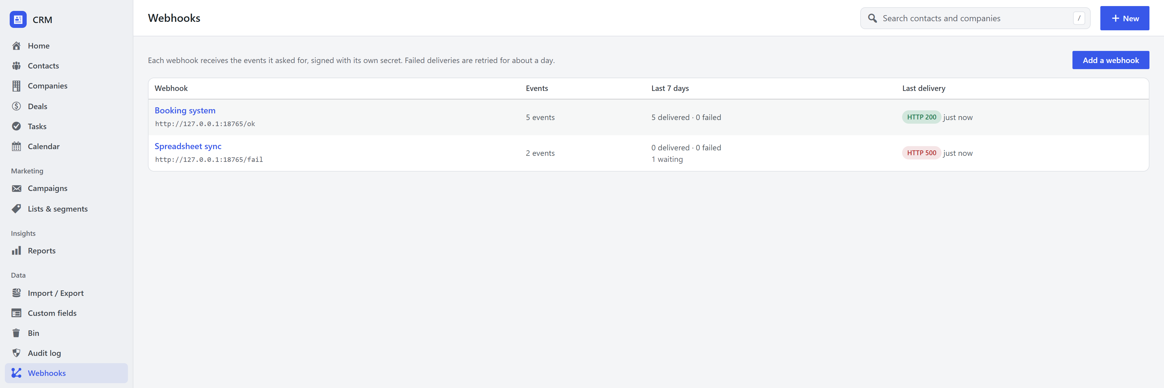 CRM Webhooks screen listing two webhooks with their deliveries over the last 7 days