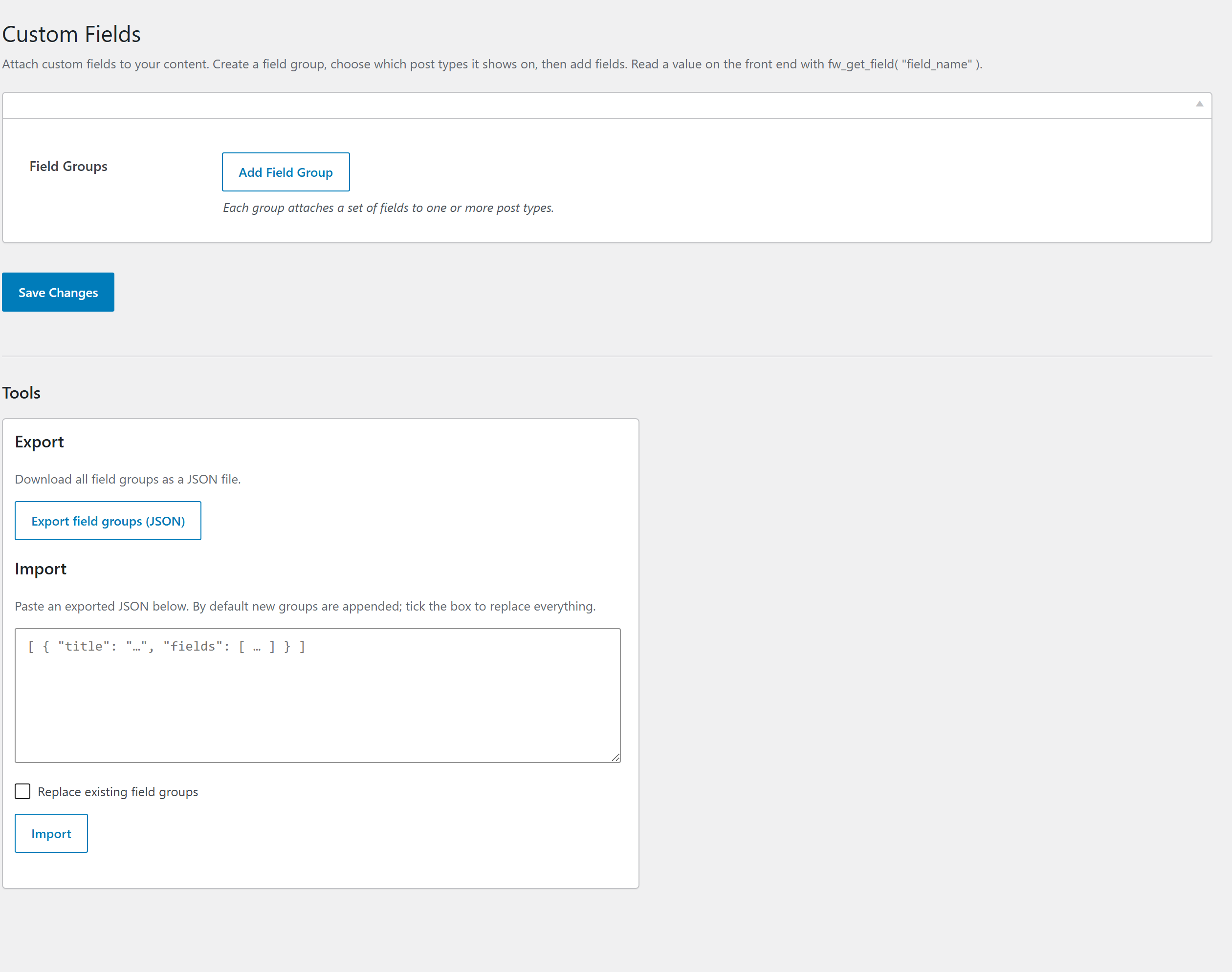 The Custom Fields admin page — Field Groups and the JSON Export / Import tools