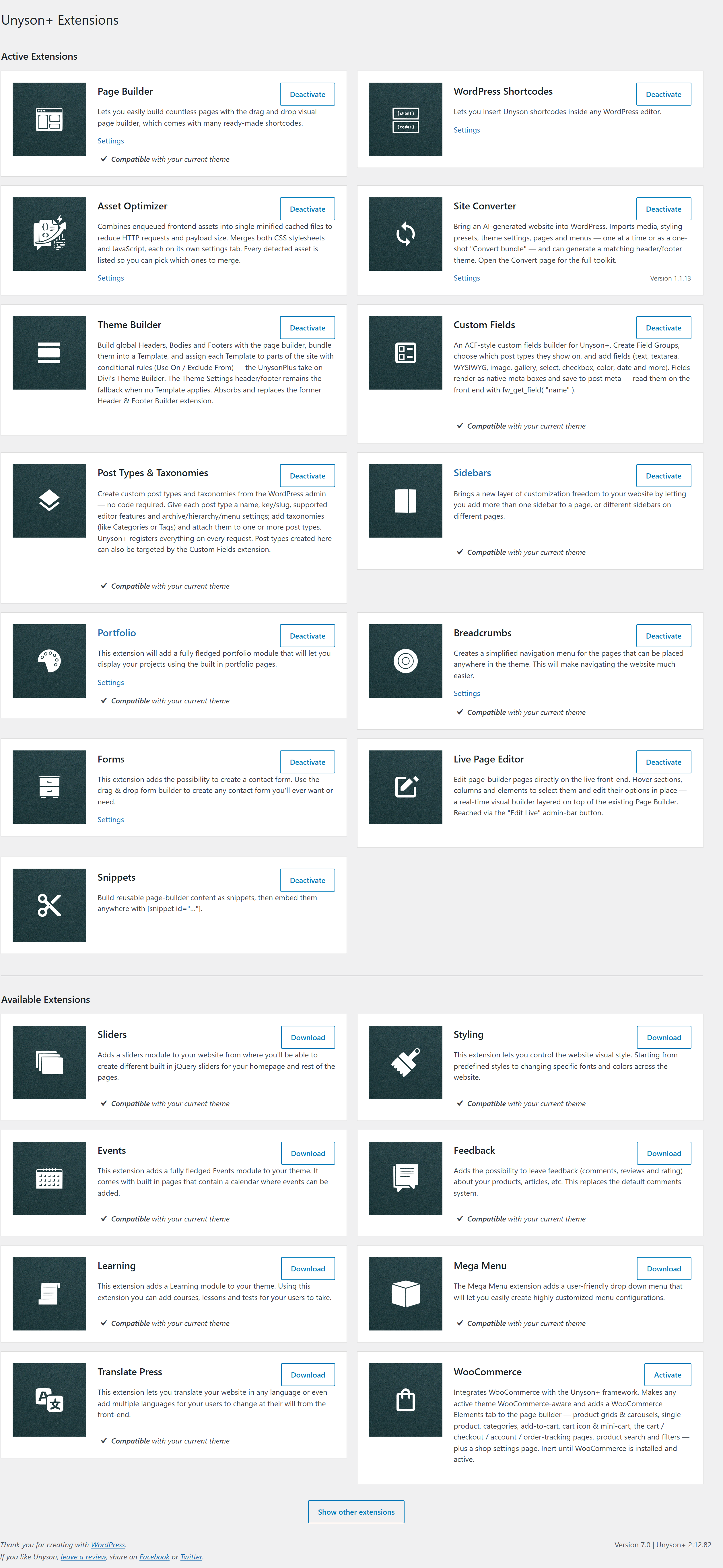 The Unyson+ Extensions manager — active extensions and available extensions