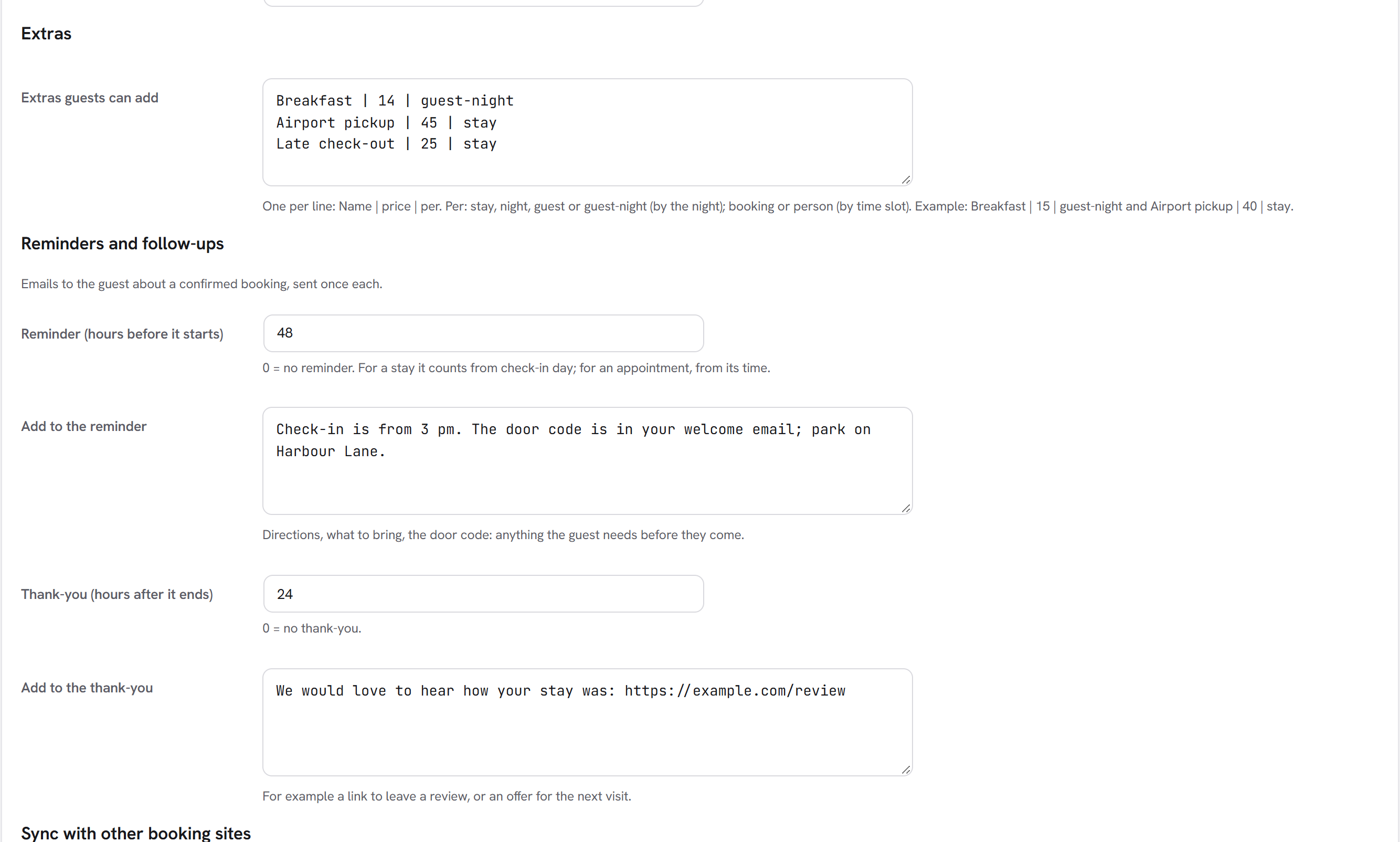 Extras, and the reminder and thank-you settings of a room