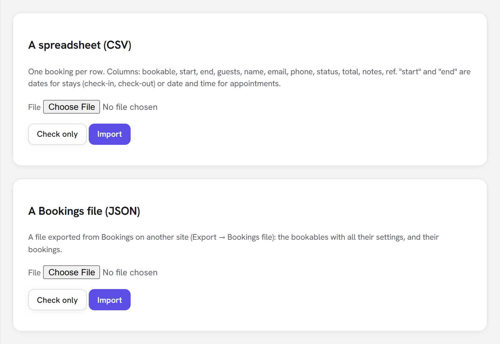 Bookings → Import with the spreadsheet (CSV) source