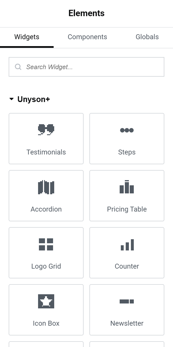 Elementor's widget panel with the Unyson+ category at the top