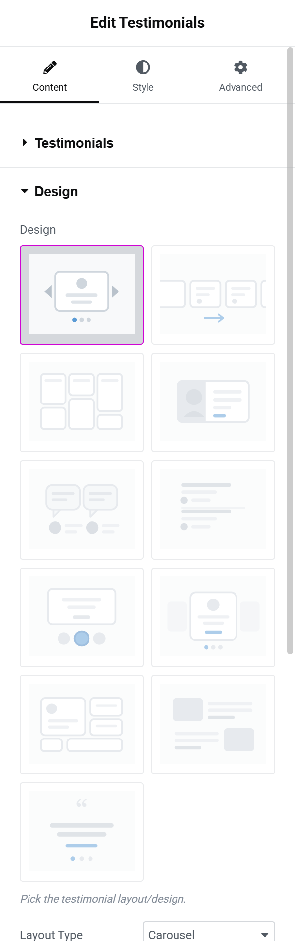 The Testimonials widget's Design section in Elementor's side panel, with design thumbnails