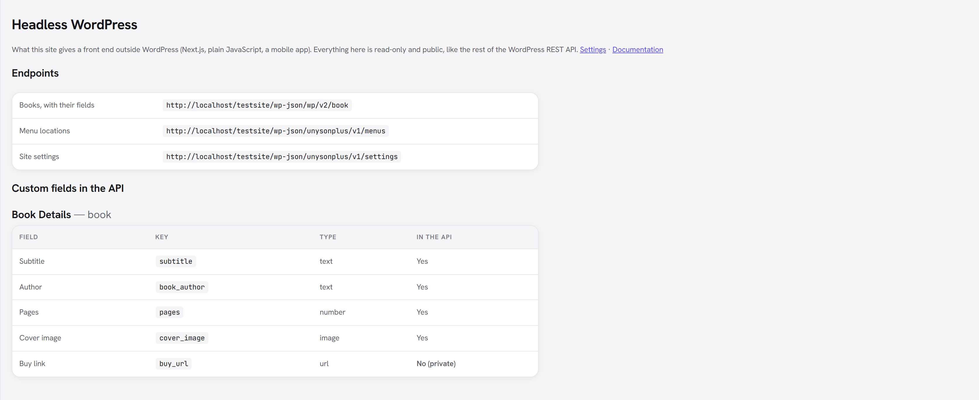 The Headless screen: the endpoints, and the Book Details group's fields with Buy link marked private