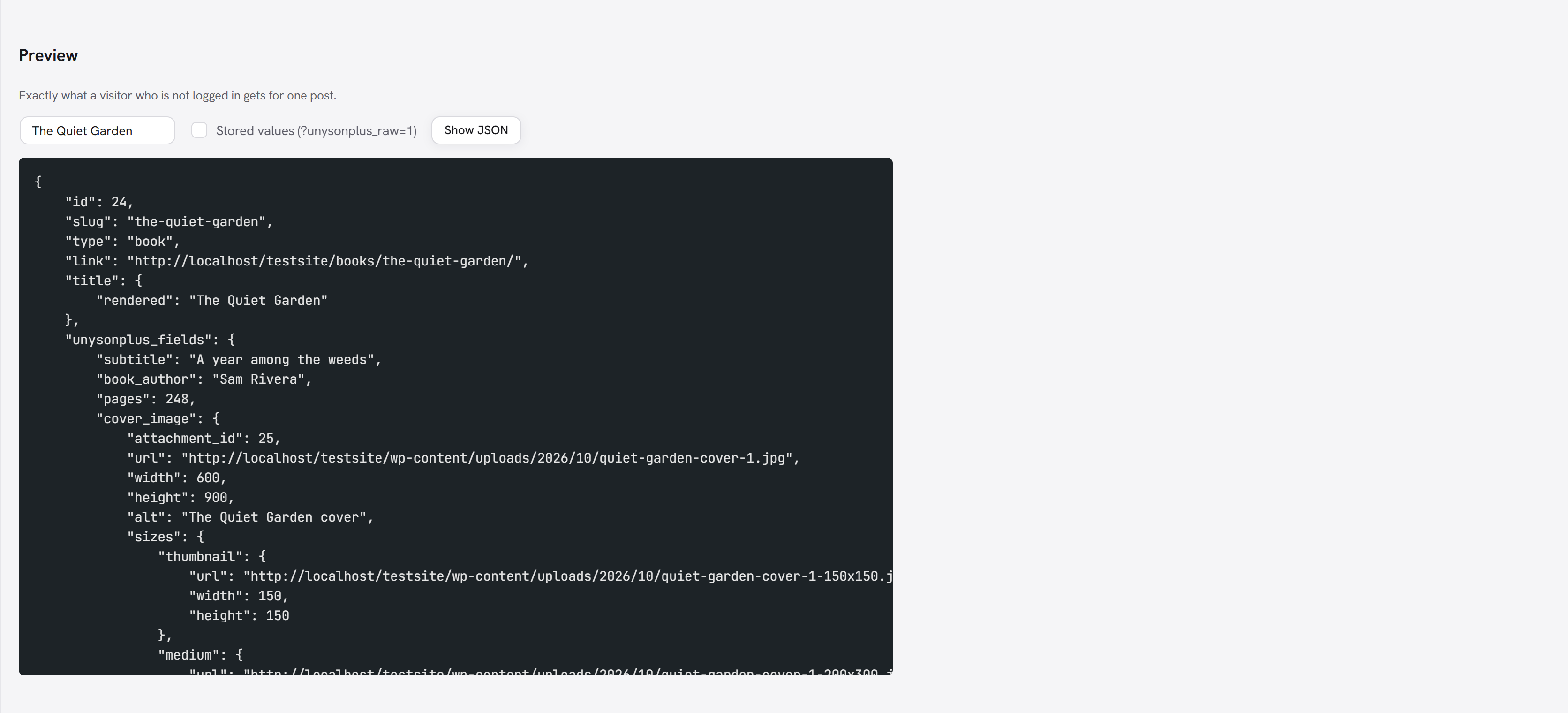 The Preview: a book's JSON with its subtitle, author, pages and the cover image with width, height, alt text and sizes