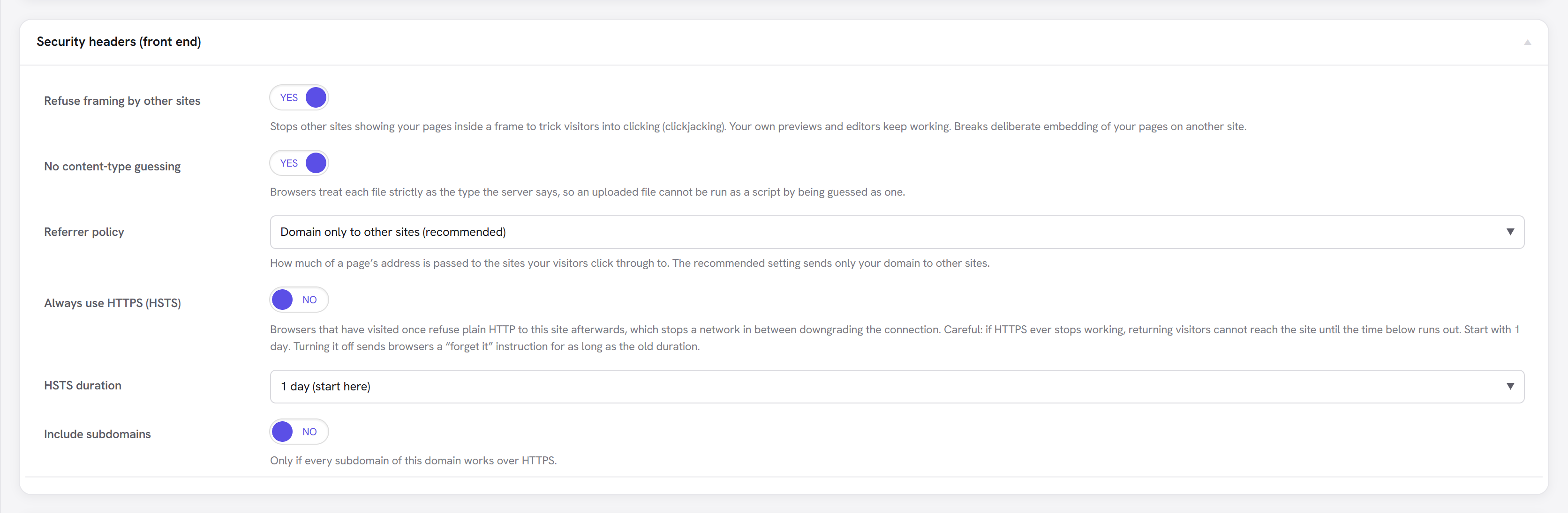 Security header settings