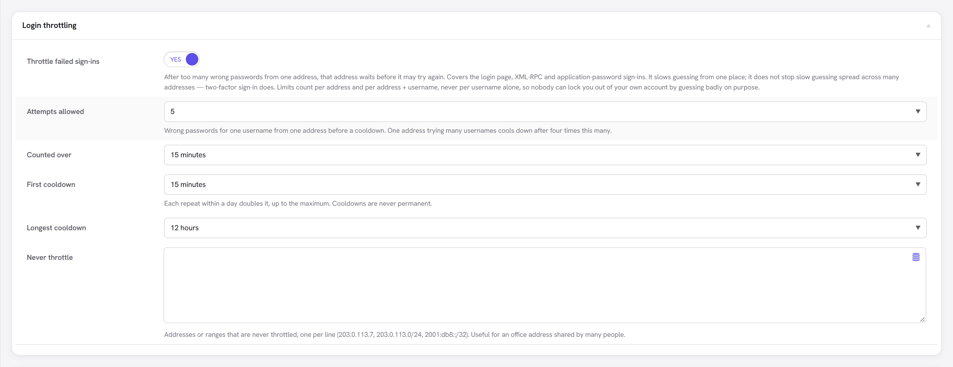 Login throttling settings
