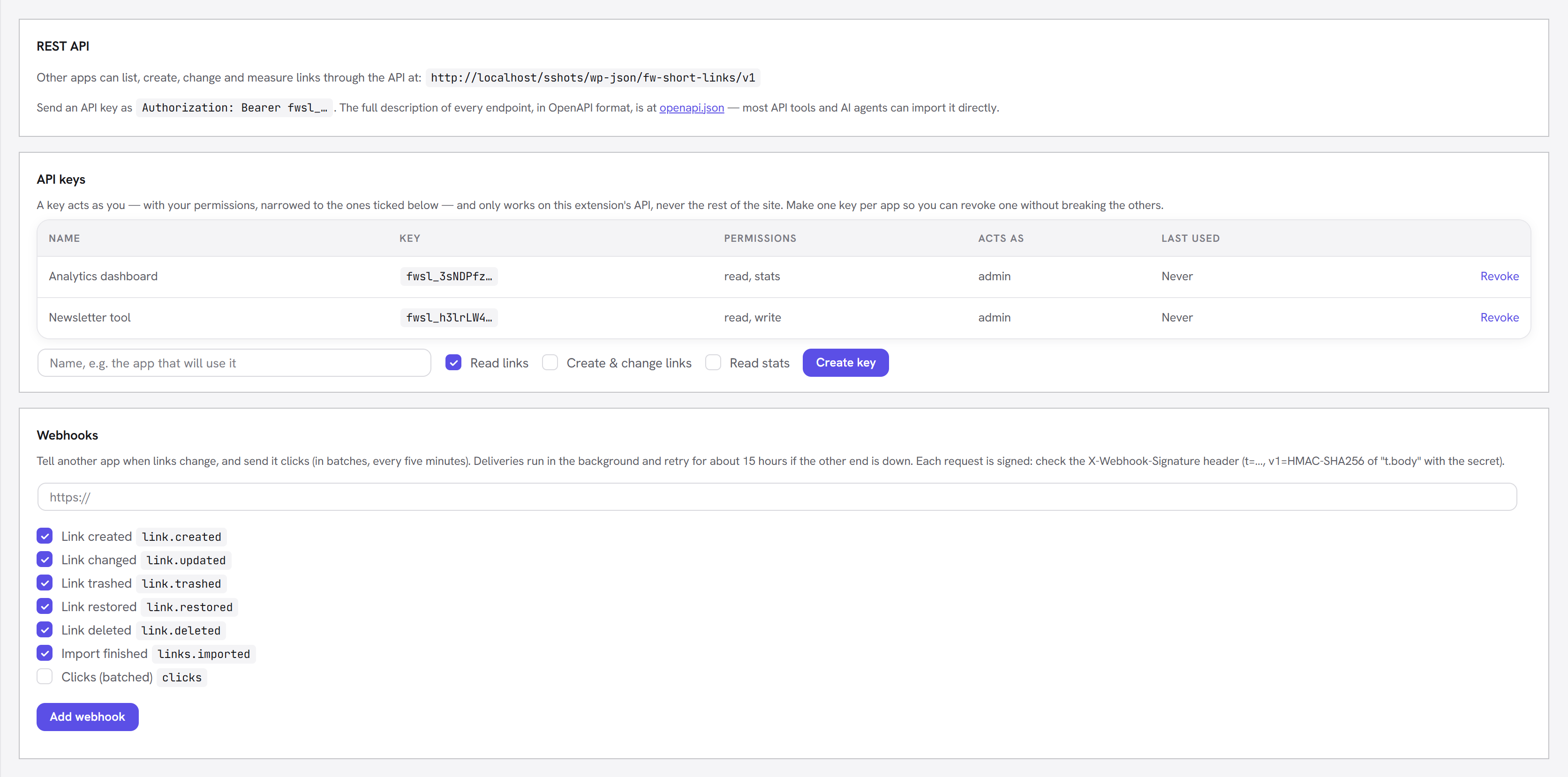 The API & Webhooks tab: API keys with their permissions, and webhooks