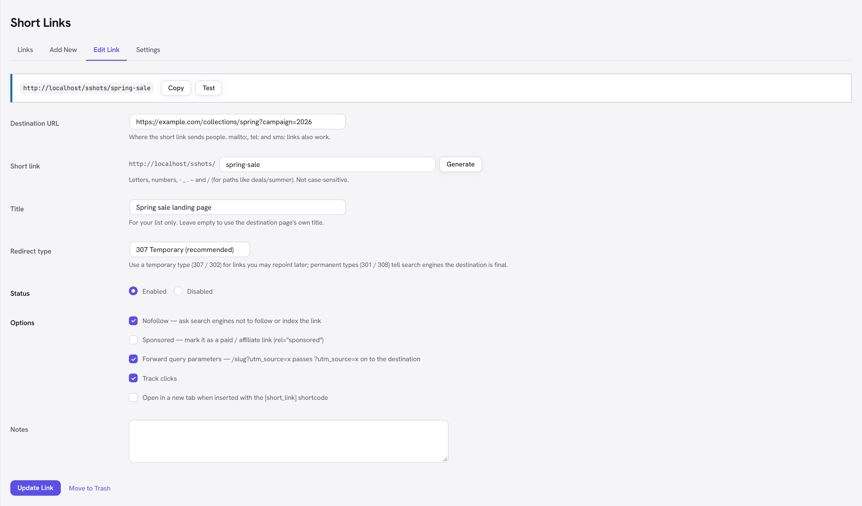 The link form: destination, slug with Generate, redirect type, status and options