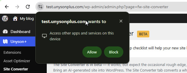 Chrome prompt: your site wants to access other apps and services on this device — click Allow