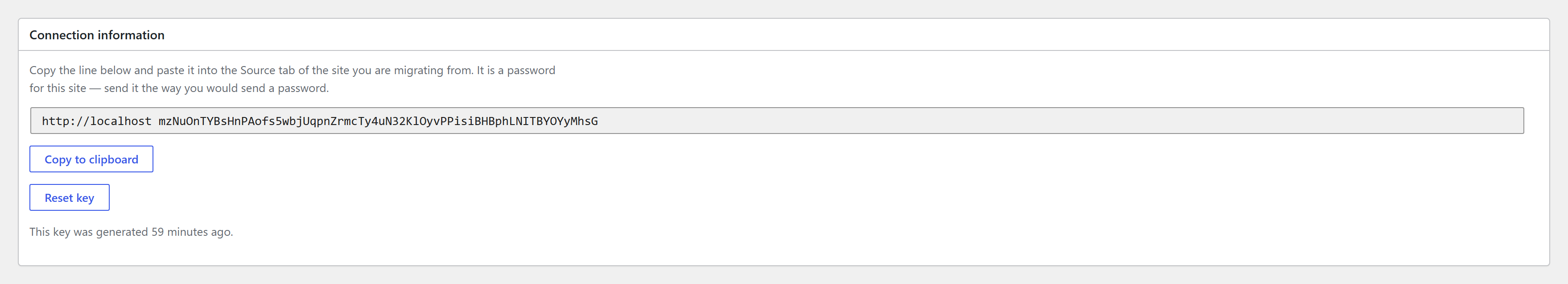 The Destination tab showing the connection information line, a Copy to clipboard button and a Reset key button
