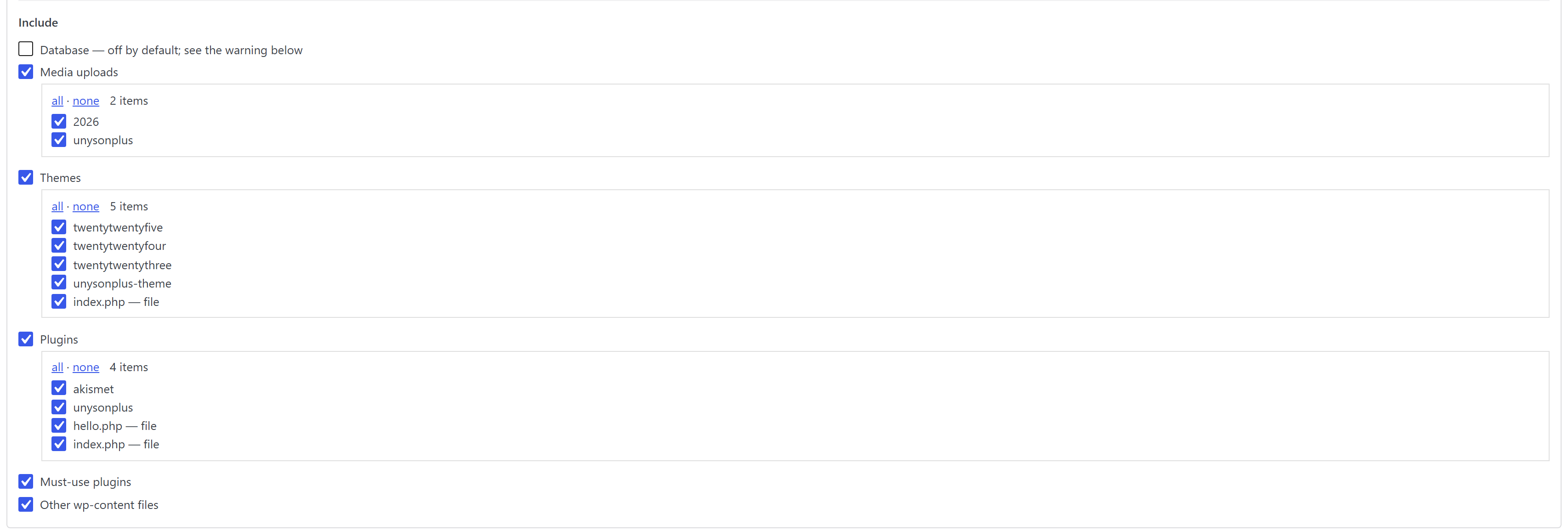 Quick migration options: checkboxes for each stage, each expanding into a list of its top-level folders with all and none links