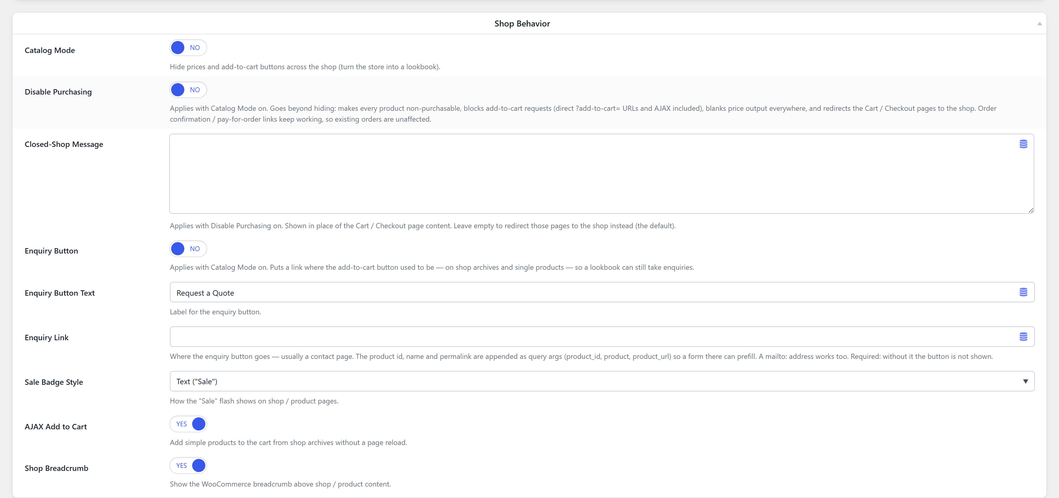 The Shop Behavior settings