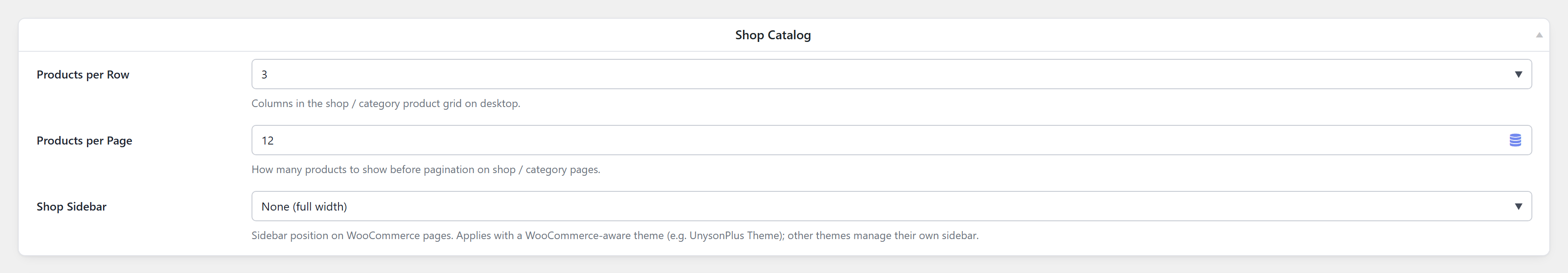 The Shop Catalog settings
