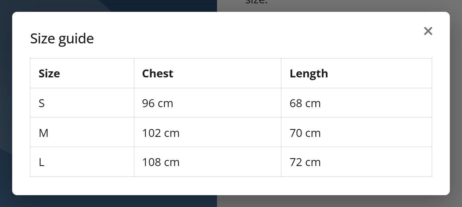The size guide modal
