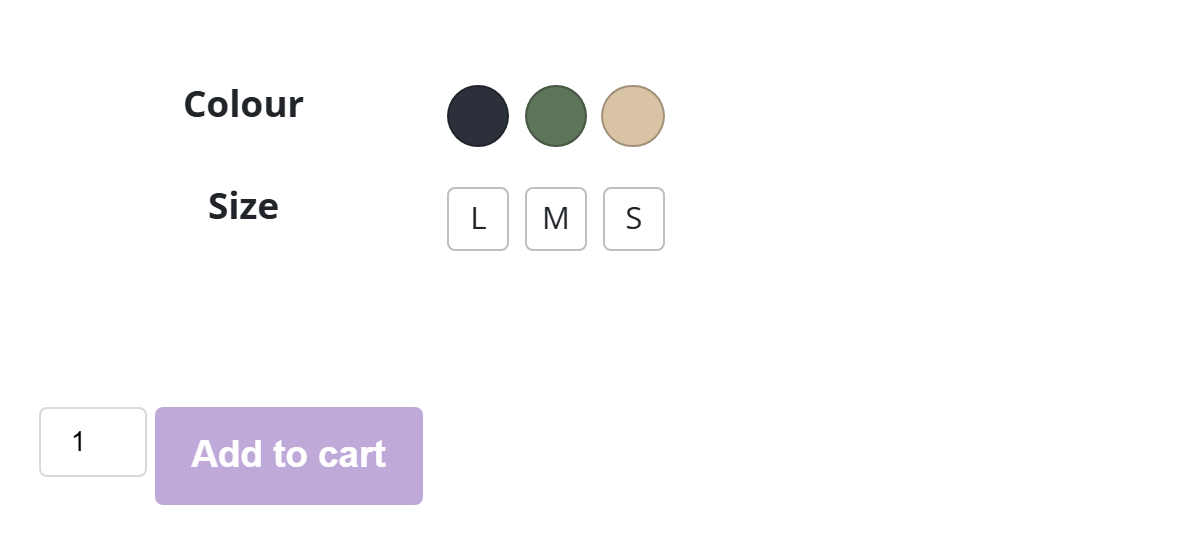 Colour and size swatches on a variable product