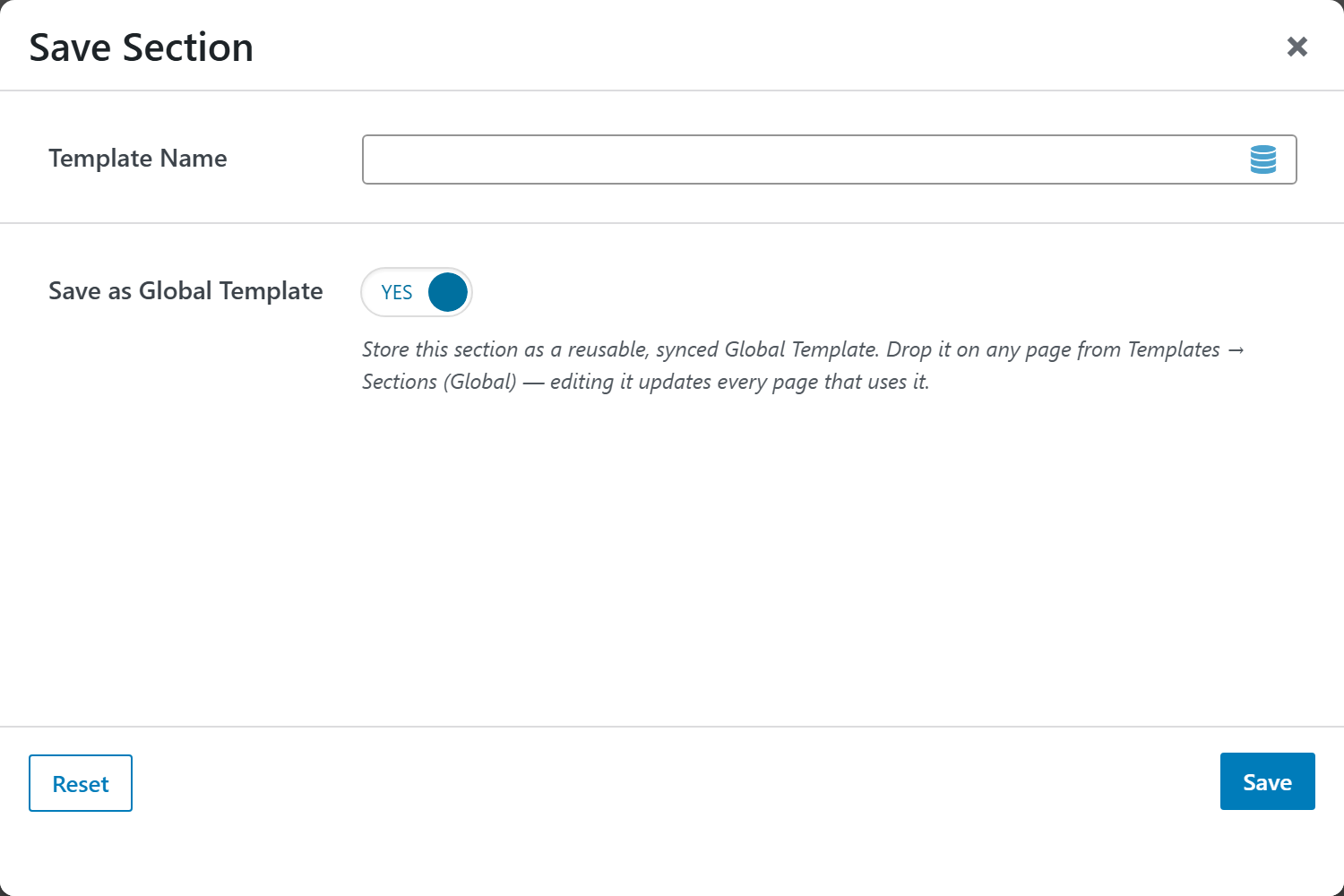 The Save as Template dialog with the Save as Global Template switch turned on