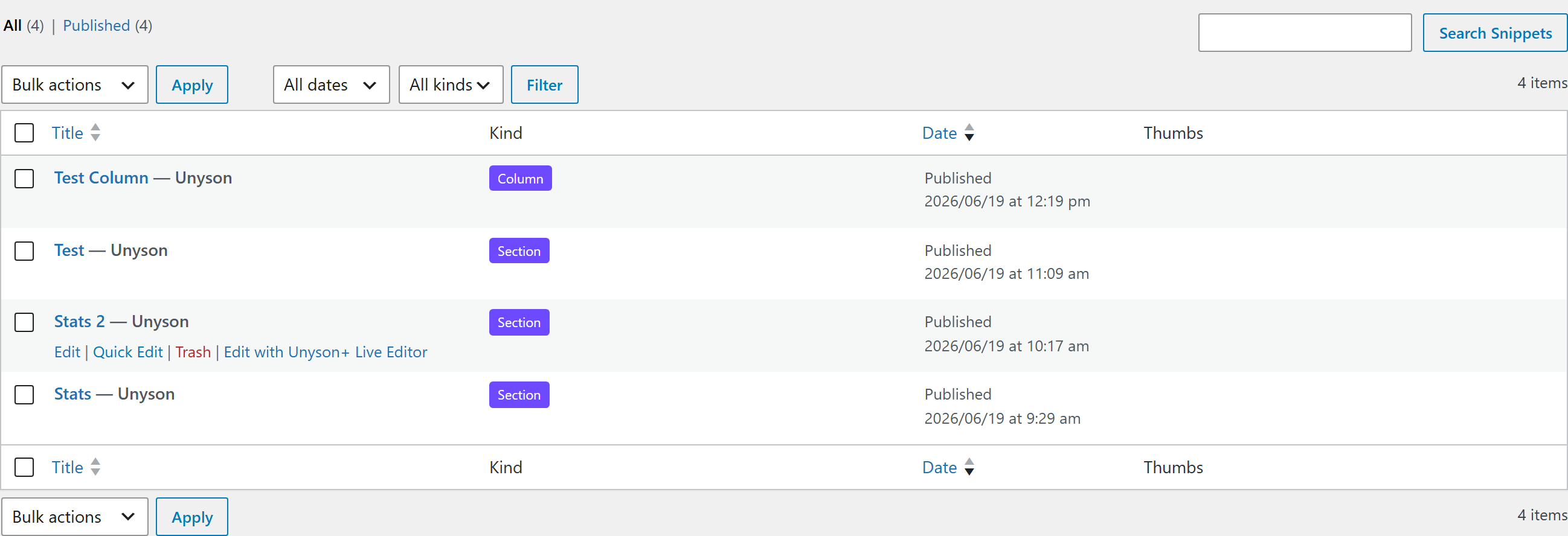 The Snippets list showing the Kind column and filter