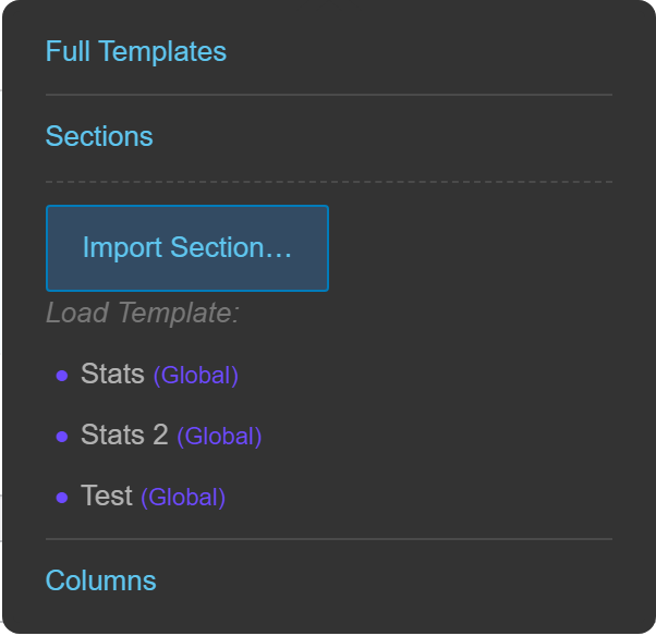 The Templates manager listing global Section templates with a (Global) tag