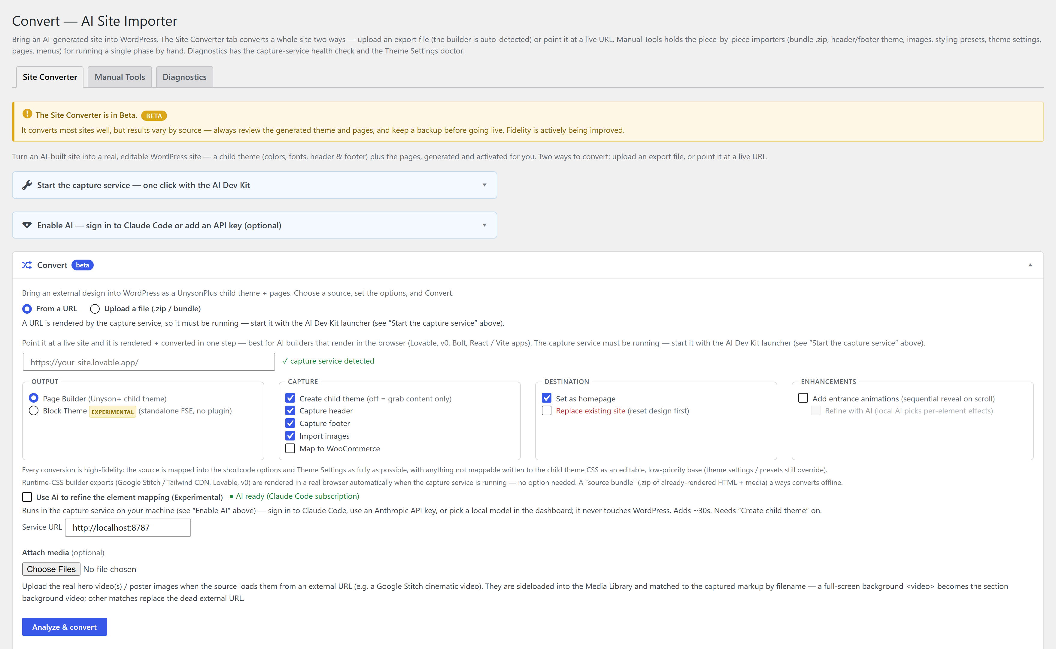 The Unyson+ Convert screen — the AI Site Importer, with URL/file inputs and the child-theme, header/footer, images and AI-refine options