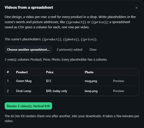 The Videos from a spreadsheet window: the scene's placeholders, a table of two rows with Preview buttons, and Render 2 videos