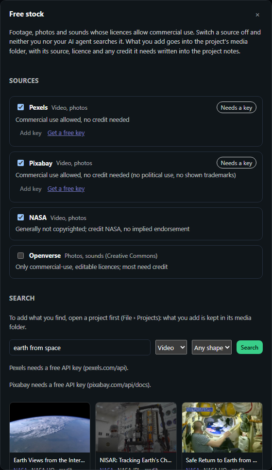 The Free stock window: four sources with checkboxes, key fields for Pexels and Pixabay, and a search showing NASA footage of the Earth