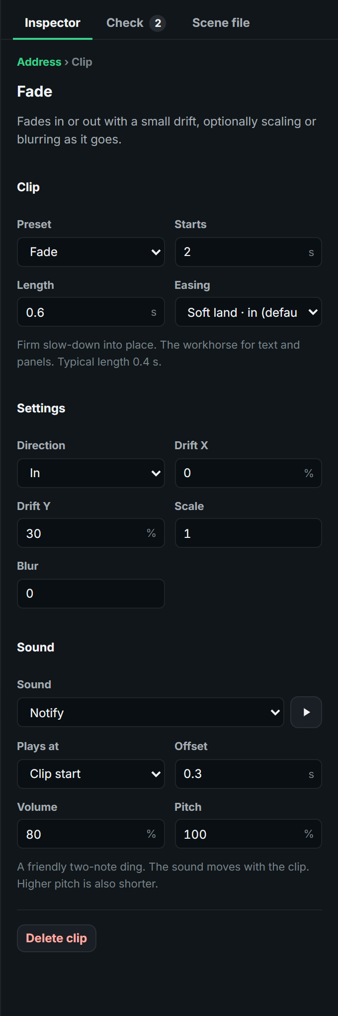 A clip's settings, with its sound