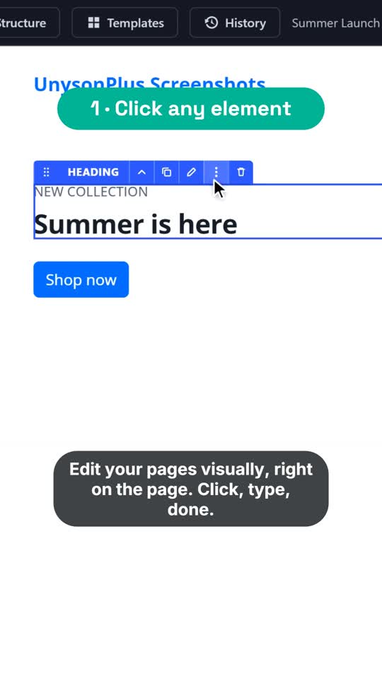 A vertical screencast: zoomed in on a heading in the Live Editor, step caption 1 · Click any element, and a subtitle