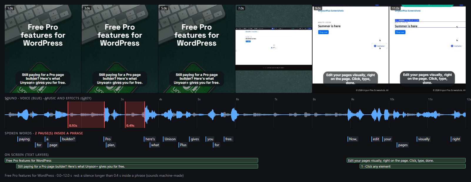 A timeline: frames, the sound wave with two red pauses, the spoken words and the subtitles