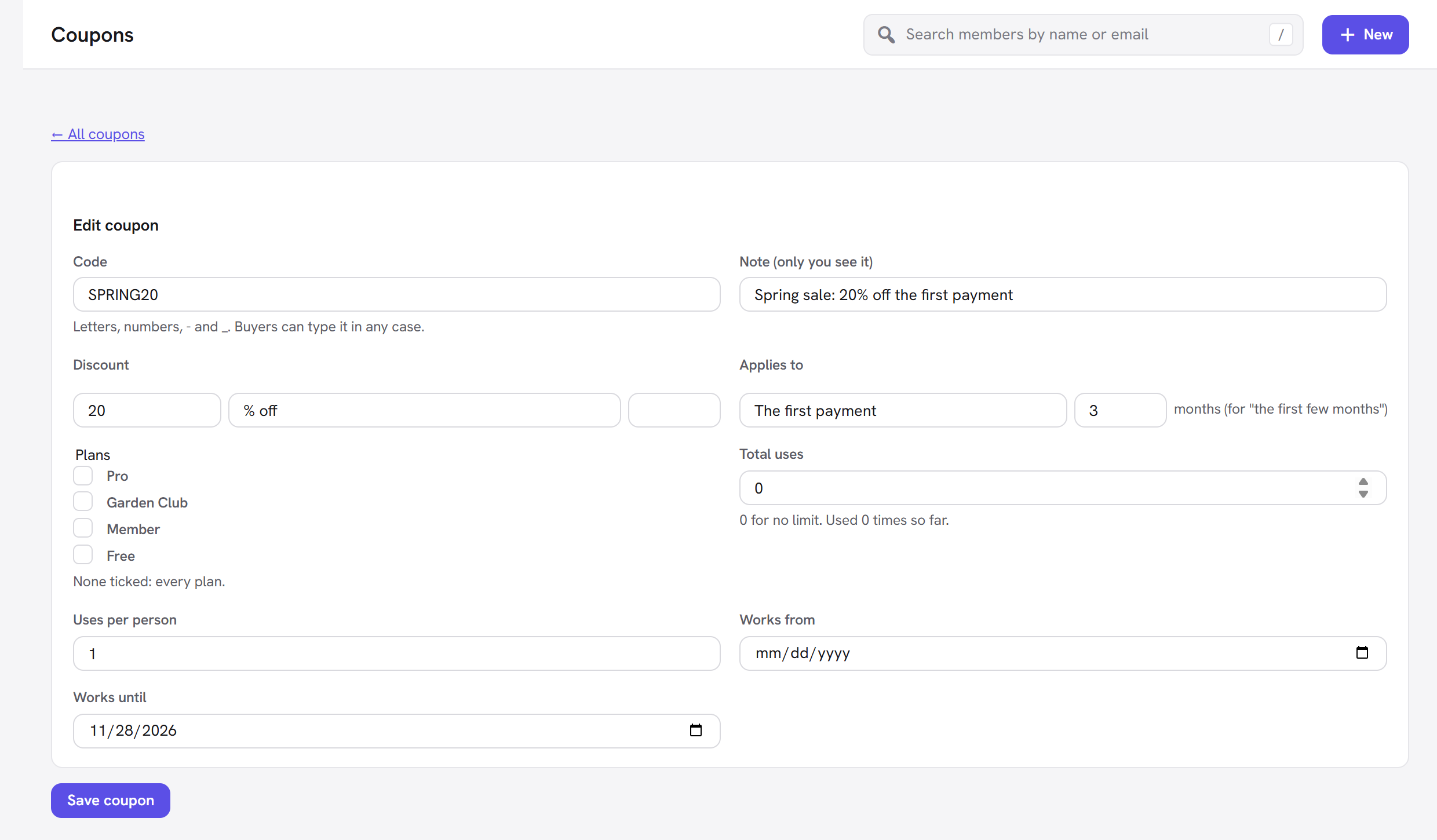 Editing a coupon: code, discount, how long it applies, plans, limits and dates