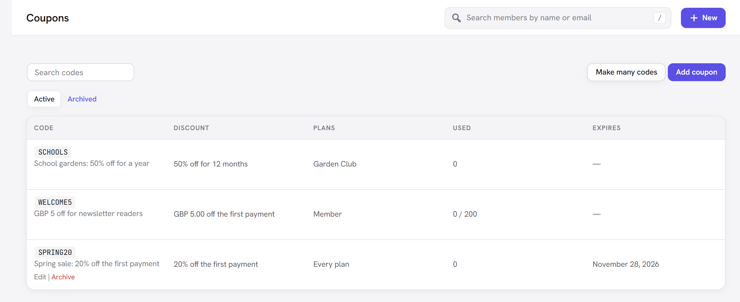 The Coupons screen with codes, discounts, plans, uses and expiry dates